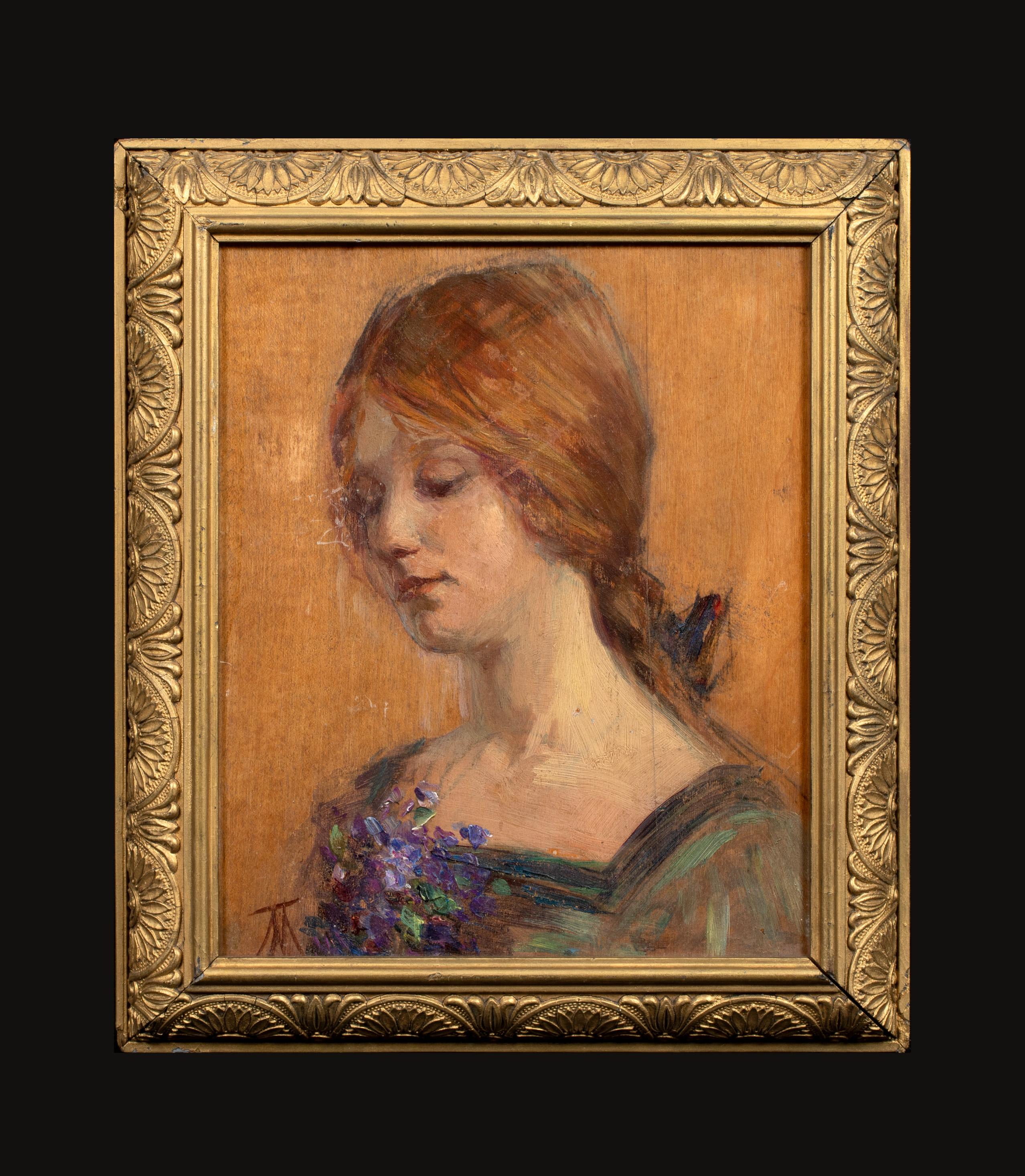 Porträt einer Rothaarigen mit Blumen in der Hand, um 1900 – Painting von Unknown