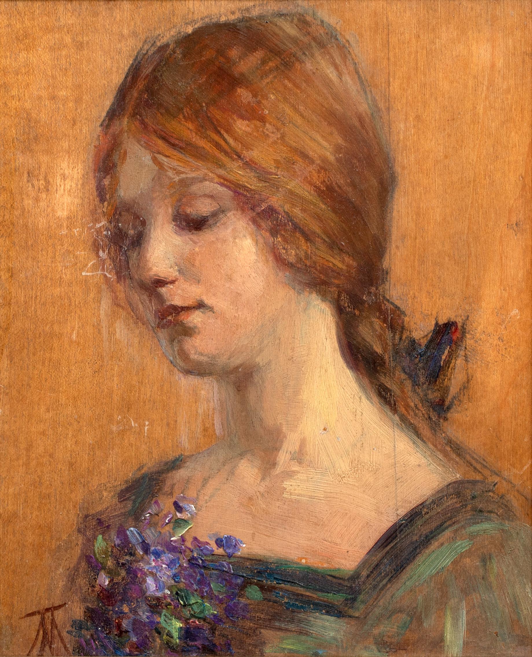 Porträt einer Rothaarigen mit Blumen in der Hand, um 1900 (Braun), Portrait Painting, von Unknown