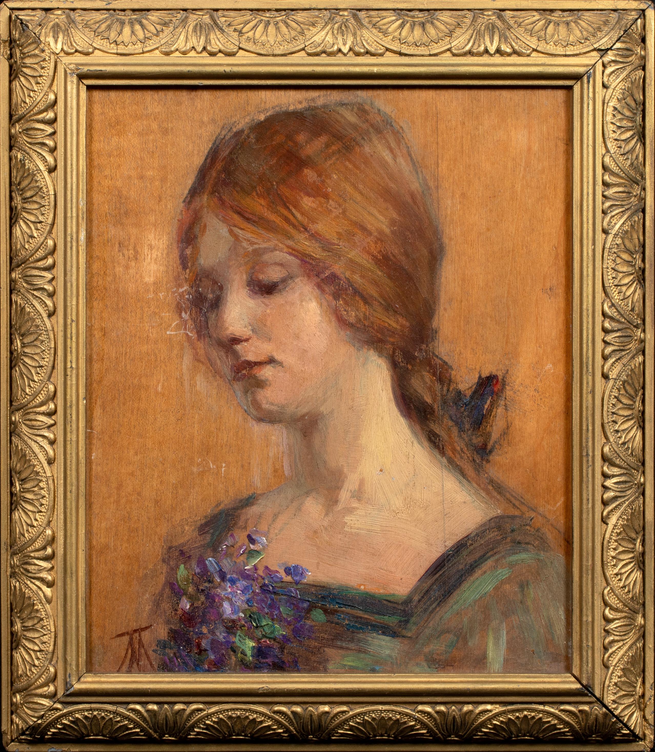 Unknown Portrait Painting – Porträt einer Rothaarigen mit Blumen in der Hand, um 1900