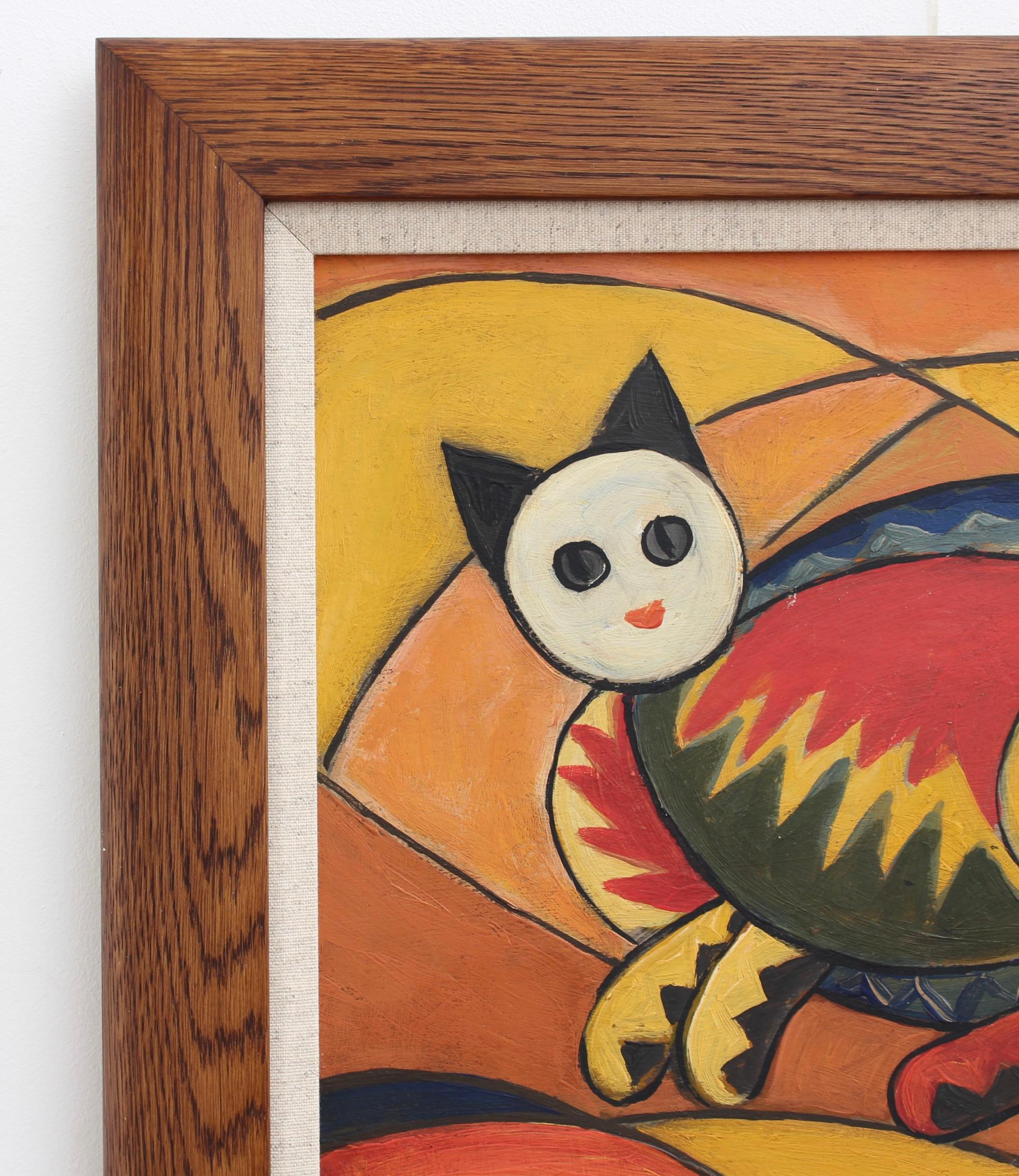 'Portrait of a Reposing Cat', oil on board, by F. DuParc (circa 1960s). A thoroughly modern depiction of a colourful, contented feline most likely inspired by Italian Futurist, Fortunato Depero (1892-1960). Futurism corresponded to Cubism sharing