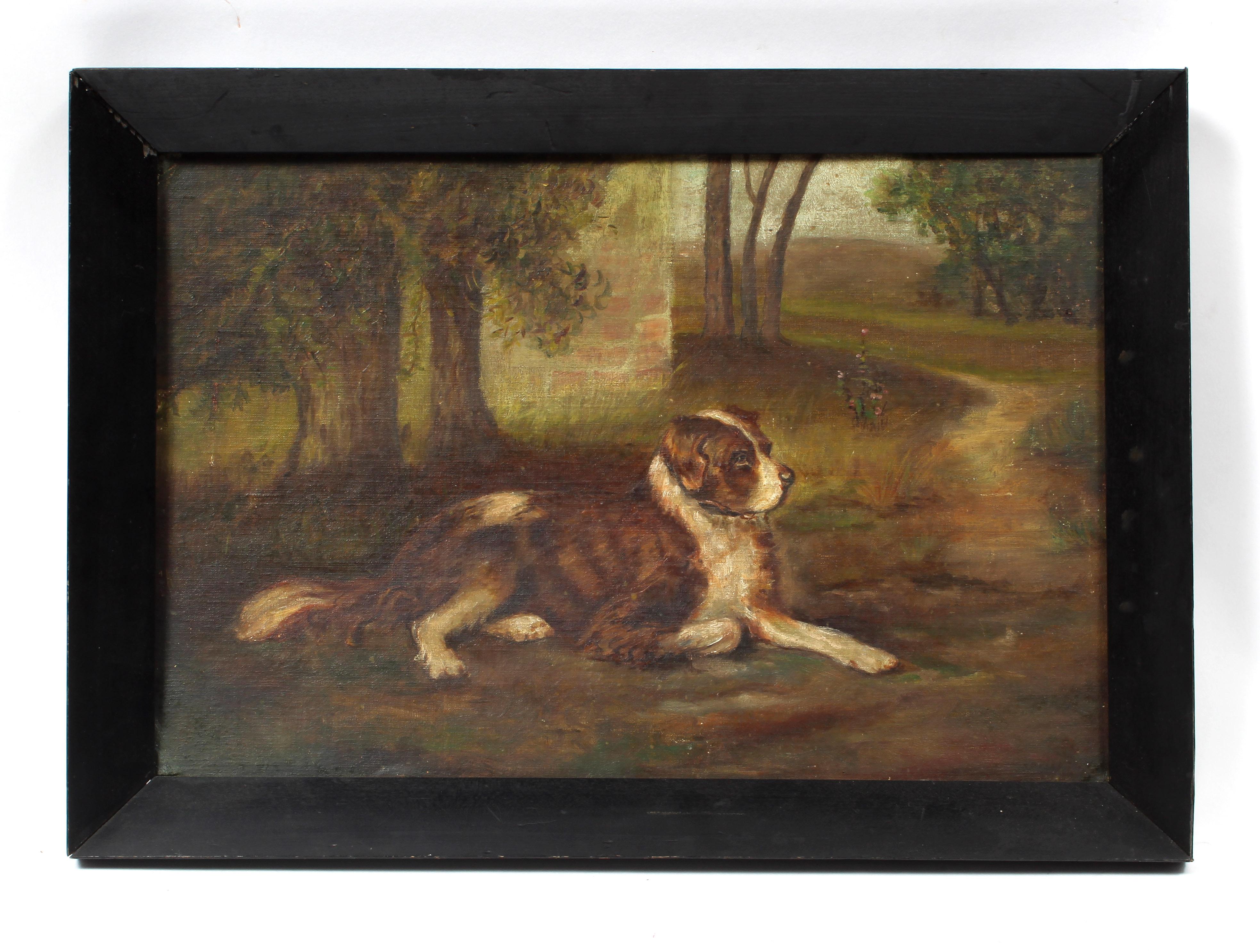 Unknown Landscape Painting – Portrait of a Saint Bernard Landscape 1906 Antique American Oil Painting Framed