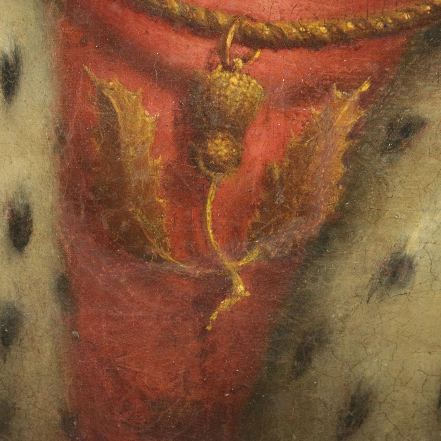Öl auf Leinwand. Das intensive und hochwertige Gemälde stellt einen Monarchen des schottischen Königshauses dar.
Um das Porträt herum, in einem gemalten ovalen Rahmen, befinden sich einige Schriftzüge: oben links der Name Rober(t), unten links der