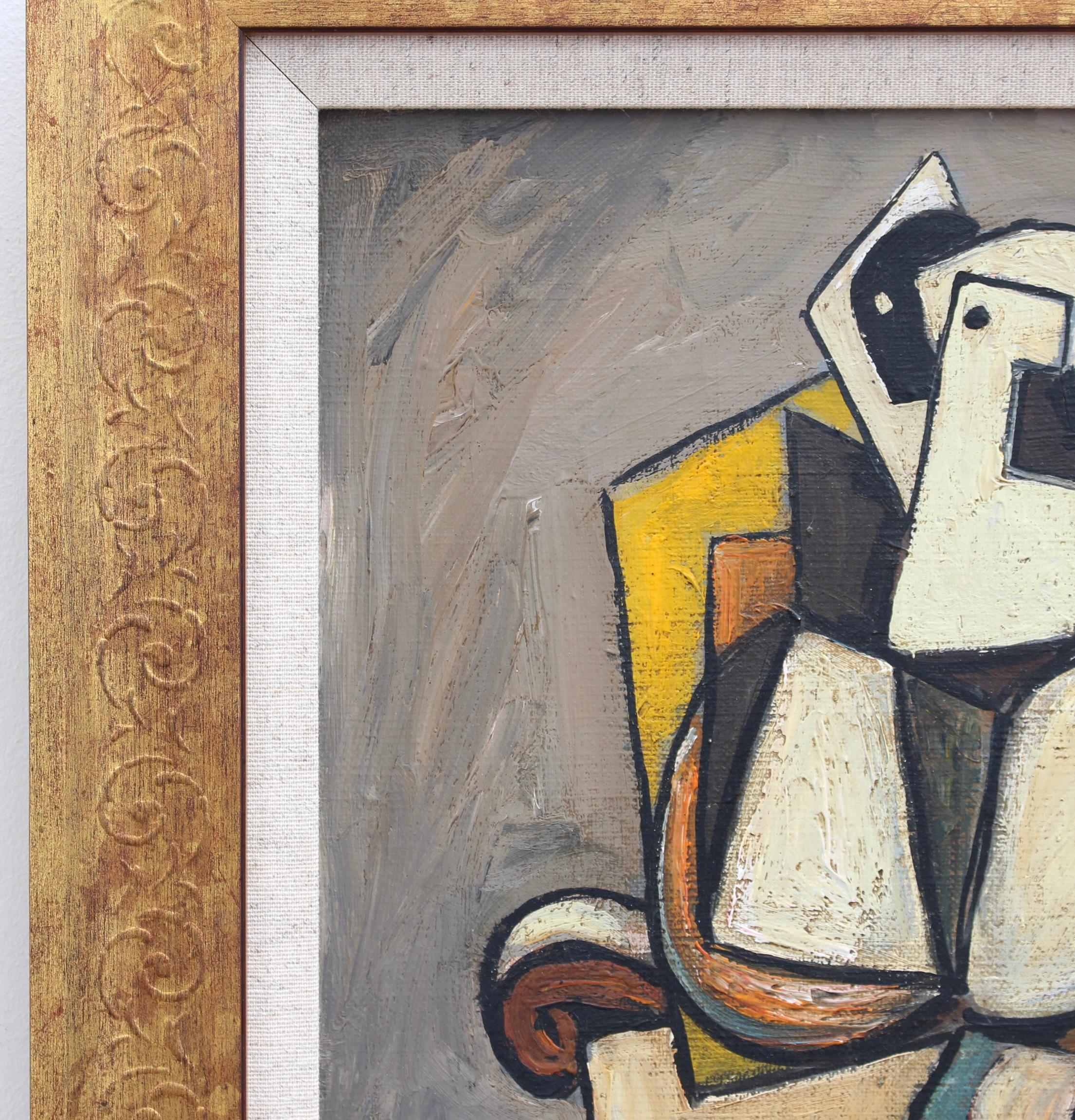 Portrait d'un homme assis, huile sur toile, école allemande (vers les années 1970). Portrait richement coloré d'un personnage peint dans le style des expressionnistes / cubistes de l'époque. Les teintes sensuelles - brun, jaune, orange, beige et une