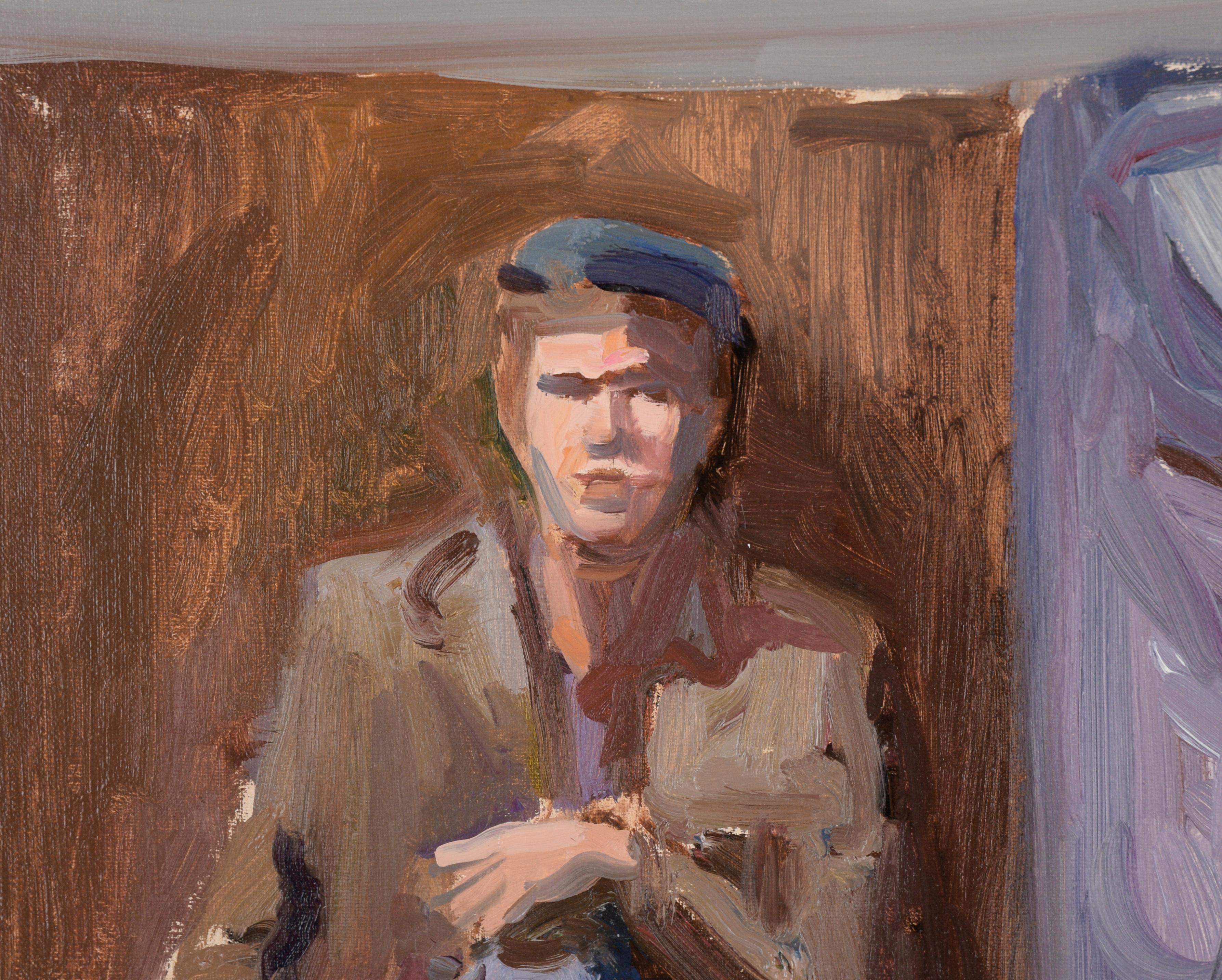 Ritratto di uomo seduto in jeans e cappotto sportivo in olio su tela - Painting di Unknown