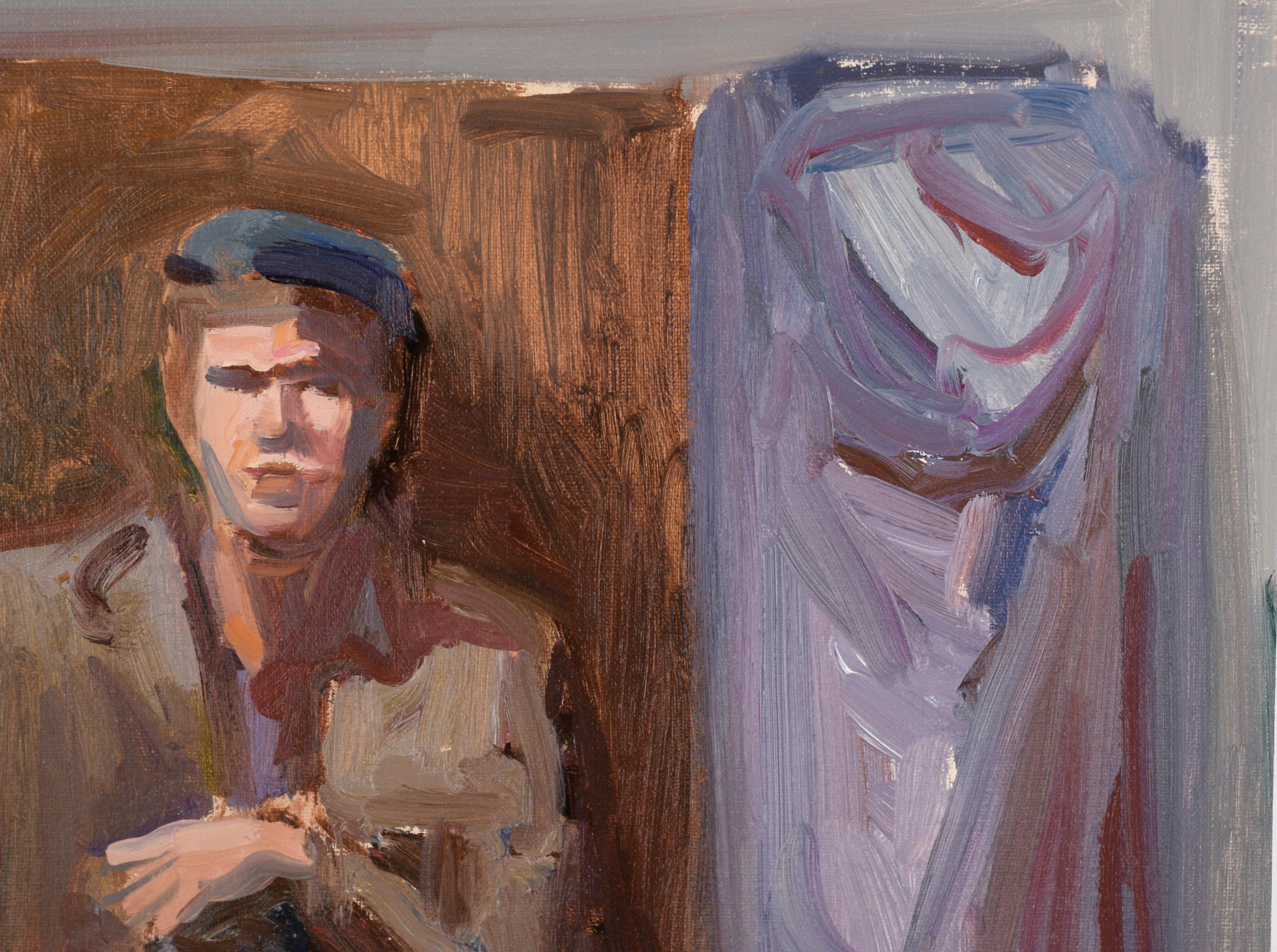 Porträt eines sitzenden Mannes in Jeans und einem Sportmantel in Öl auf Leinwand (Impressionismus), Painting, von Unknown