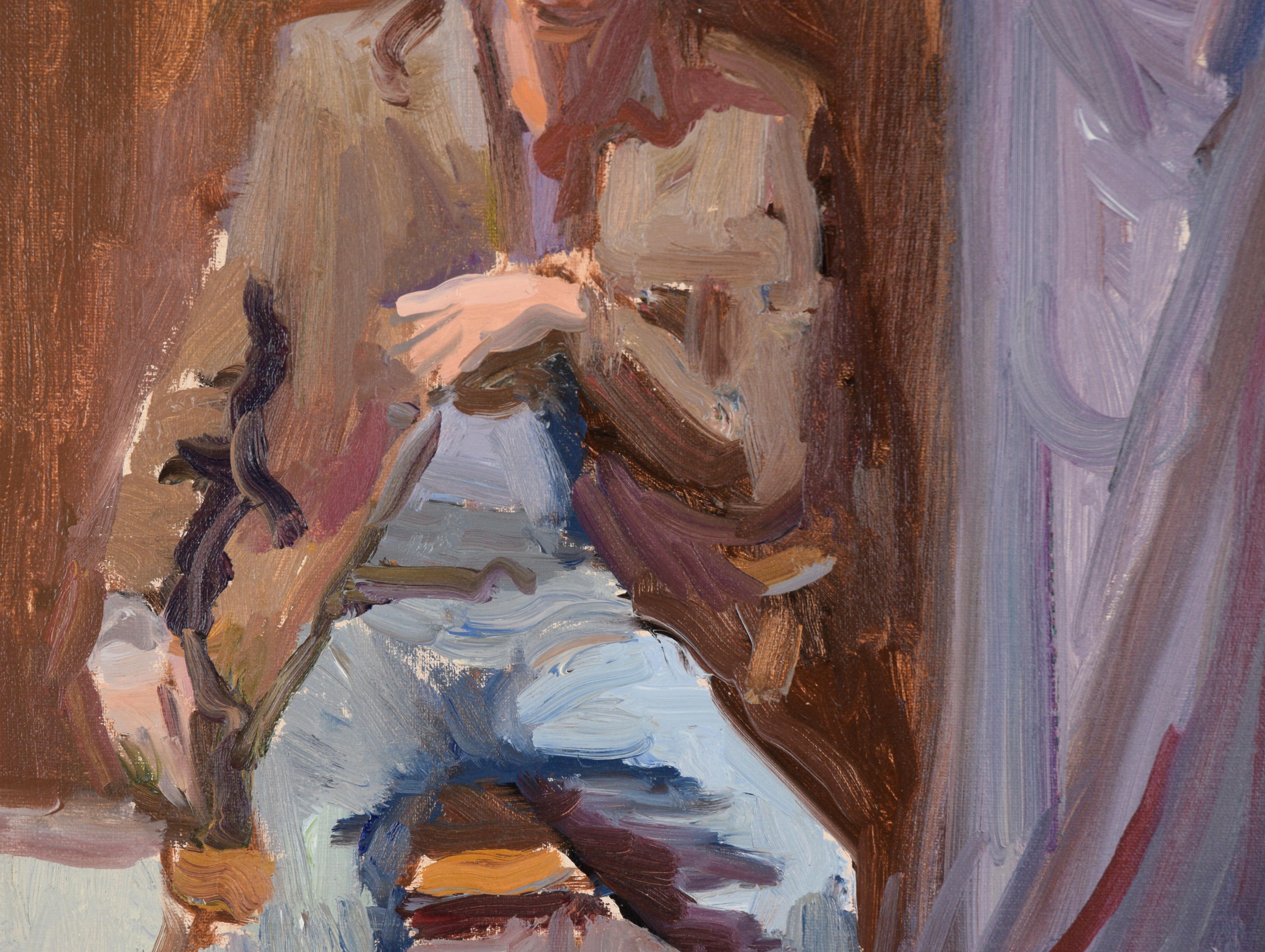 Portrait of a Seated Man in Jeans and a Sport Coat in Oil on Canvas

Modern impressionist portrait by an unknown artist (20th Century). A man is seated on a wood chair, wearing jeans, a sport coat, and a blue beret. The piece is executed with