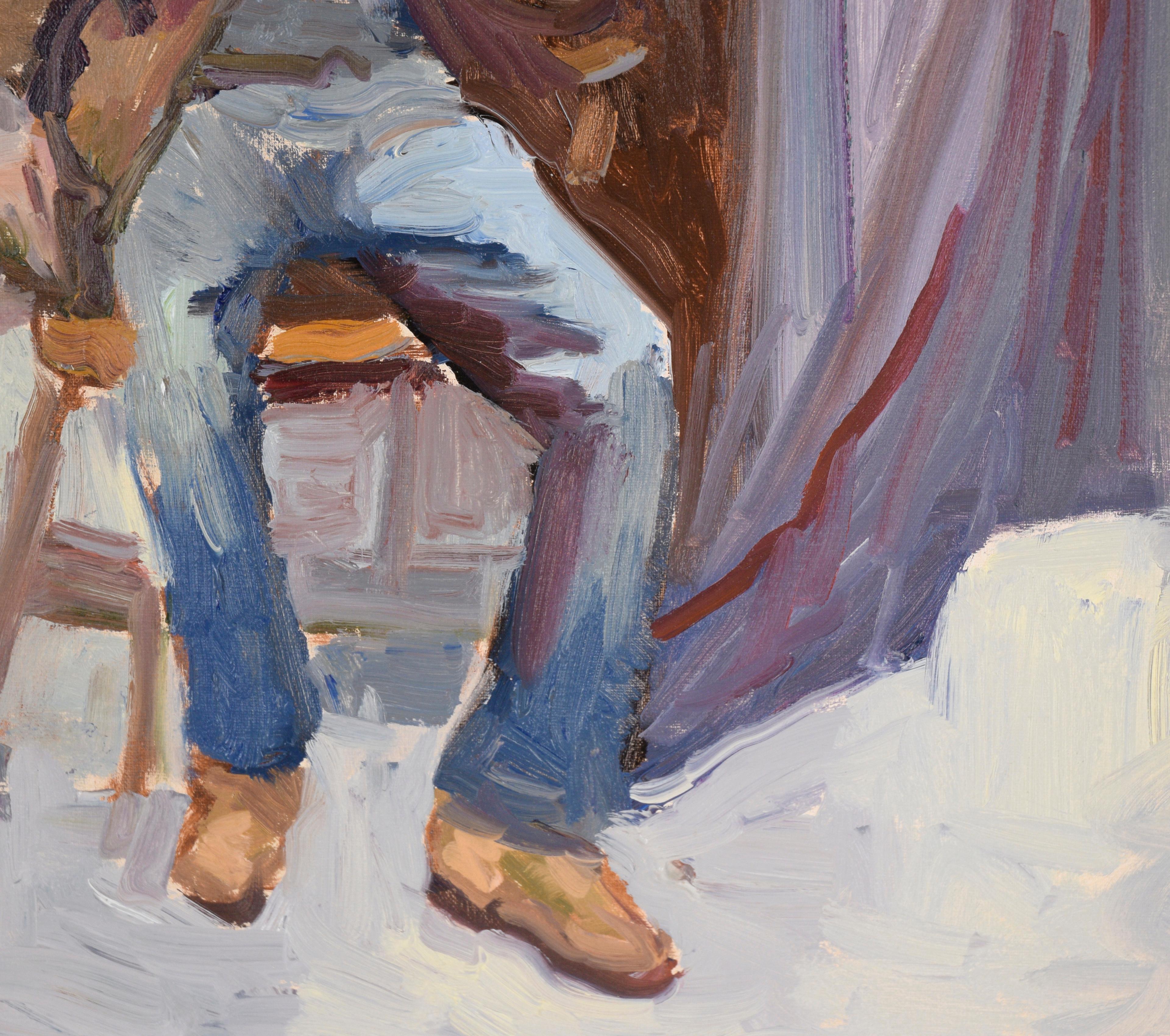 Porträt eines sitzenden Mannes in Jeans und einem Sportmantel in Öl auf Leinwand im Angebot 1