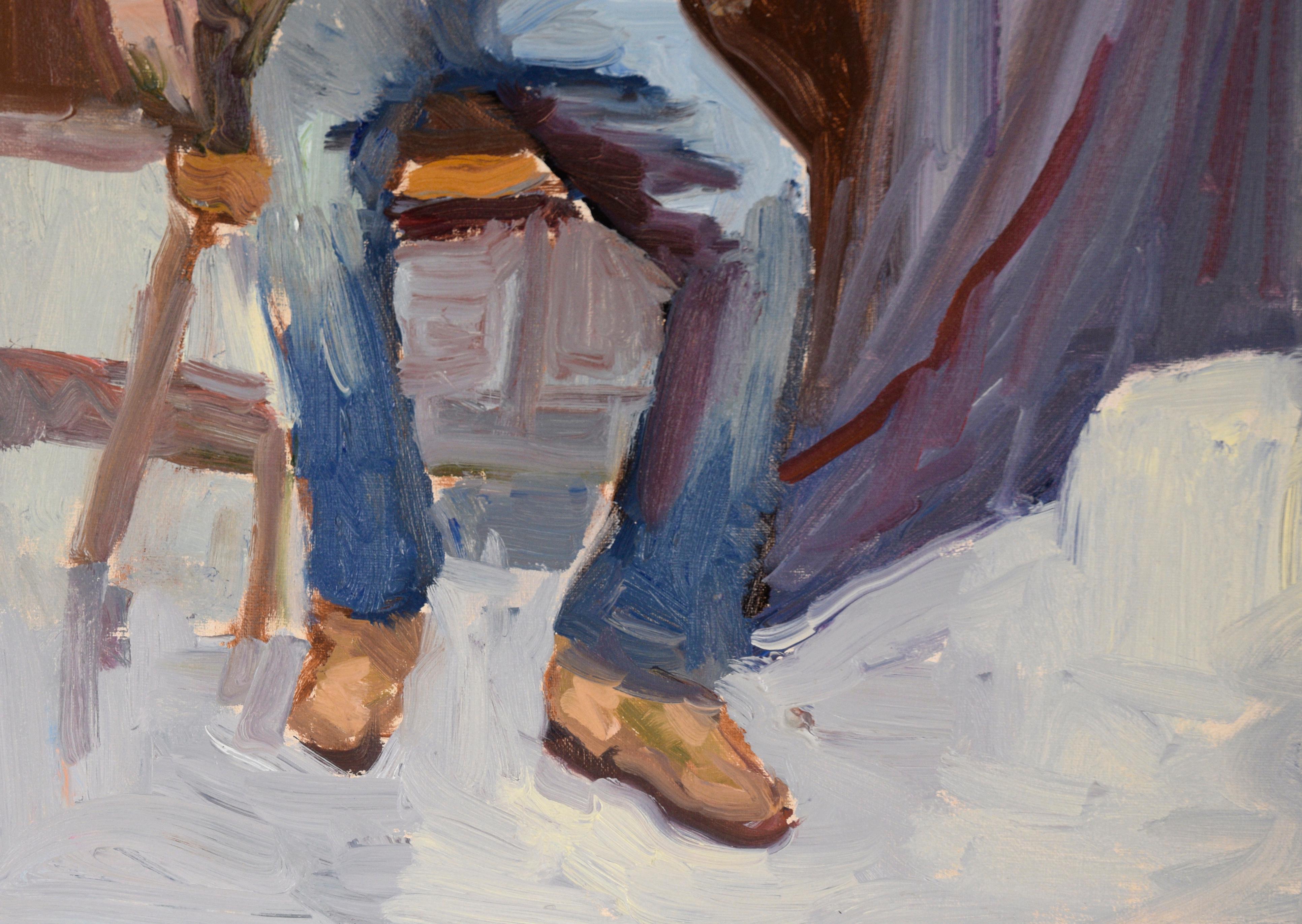Porträt eines sitzenden Mannes in Jeans und einem Sportmantel in Öl auf Leinwand im Angebot 2