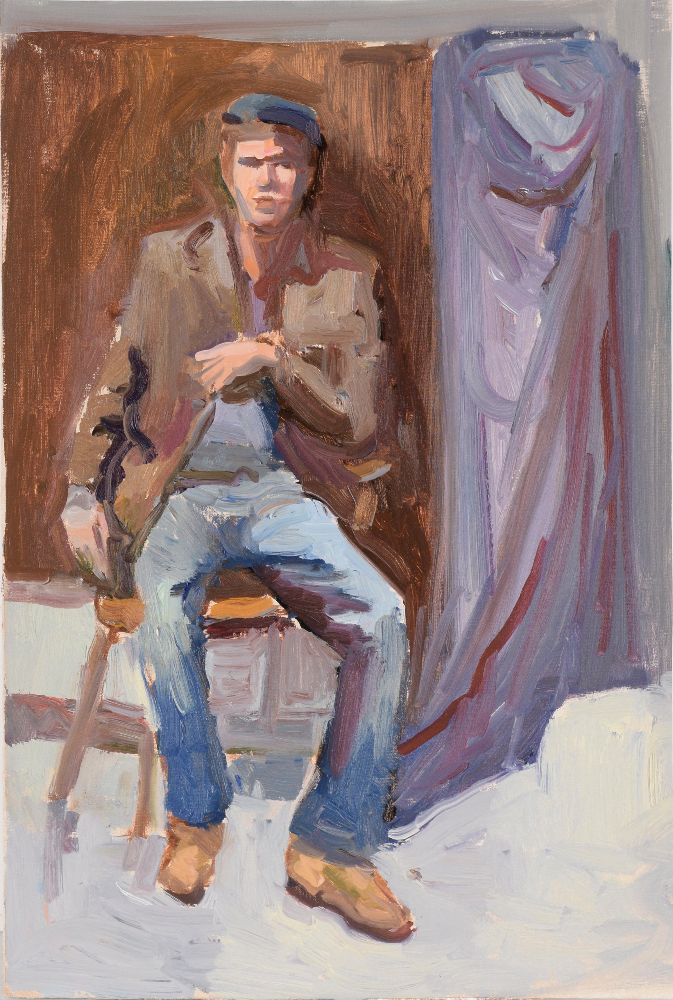 Unknown Figurative Painting – Porträt eines sitzenden Mannes in Jeans und einem Sportmantel in Öl auf Leinwand