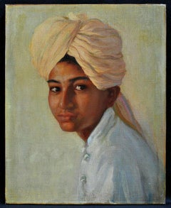 Portrait of a Sikh Boy - Anglo Indian Oil on Canvas Antique Painting