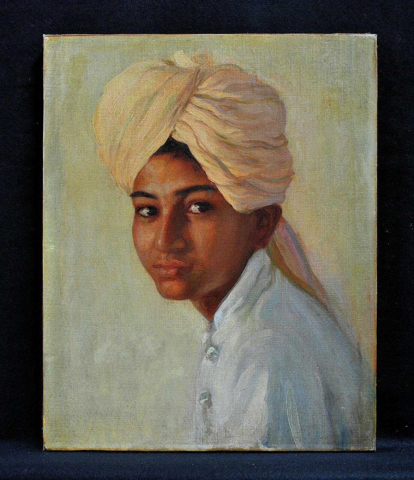 Portrait of a Sikh Boy - Anglo Indian Oil on Canvas Antique Painting - Brown Portrait Painting by Unknown