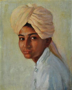 Portrait of a Sikh Boy - Anglo Indian Oil on Canvas Antique Painting