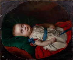 Portrait d'un enfant endormi tenant un distributeur d'argent ancien, XIXe siècle
