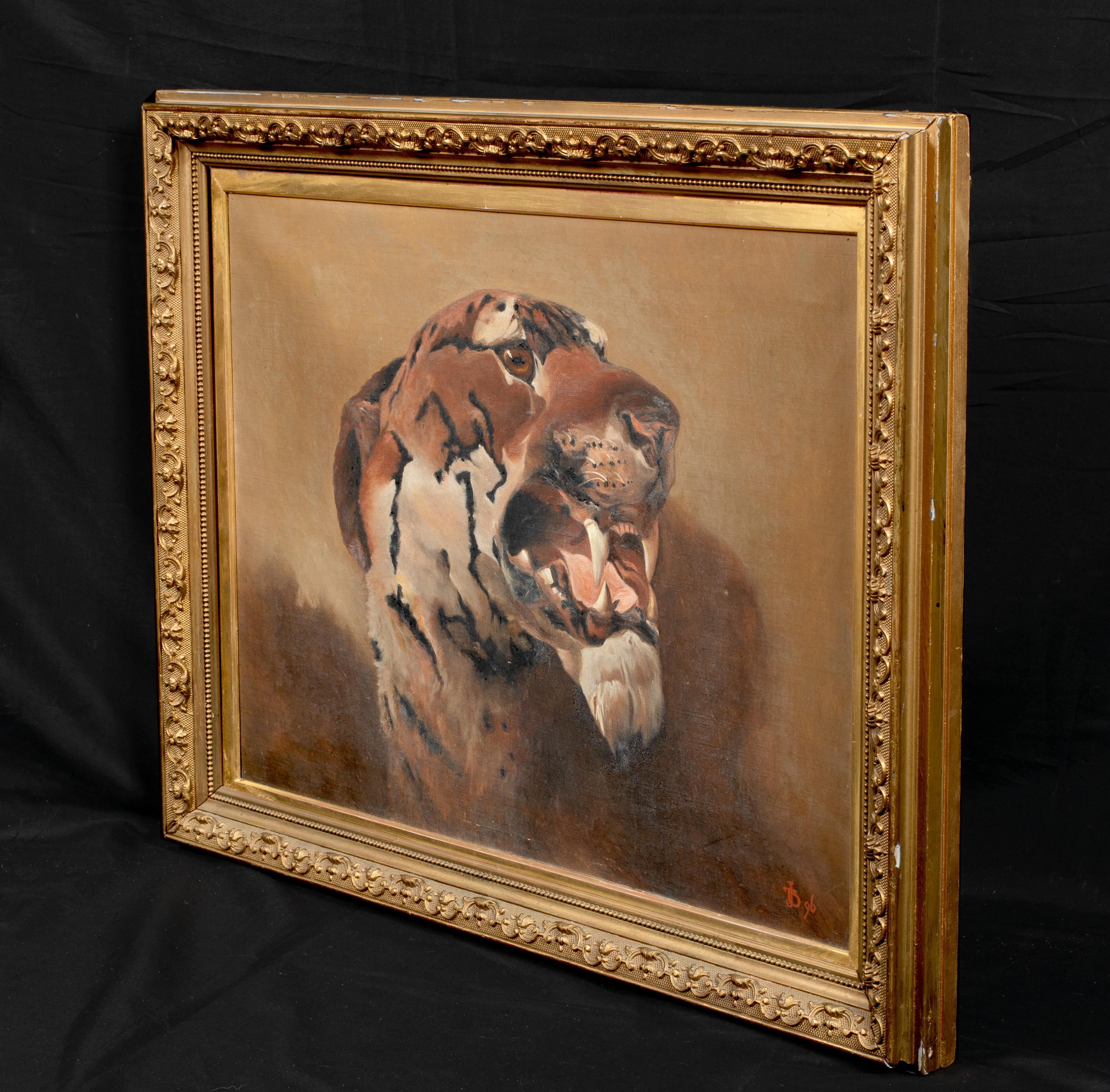 Portrait of a tiger, 19th century

signed J T B, dated 1896

Large 17th century English school portrait of a tiger's head, oil on canvas signed JTB and dated 1896. Excellent quality and unique condition study of a head from life probably taken by an