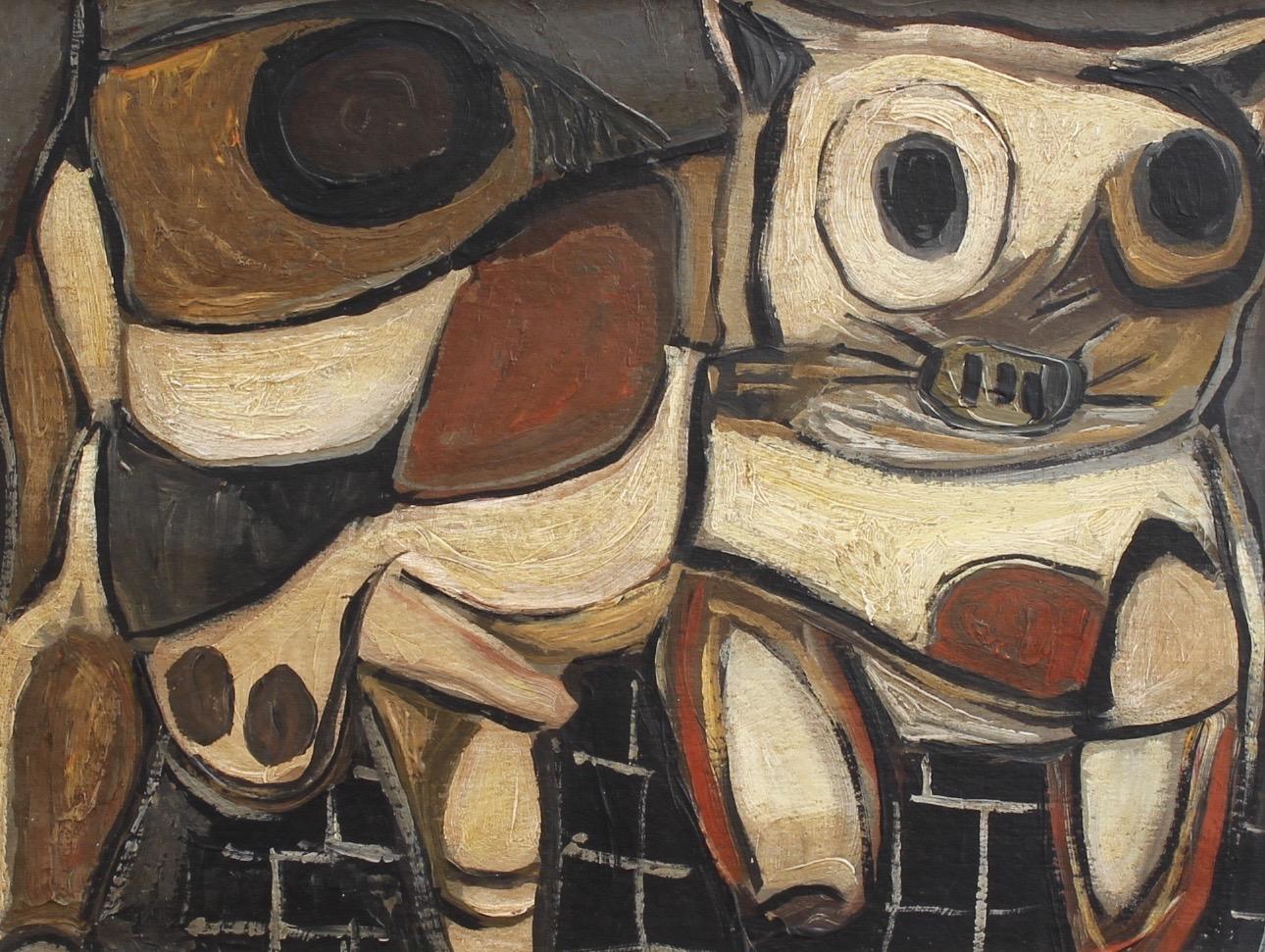 Unknown Abstract Painting - 'Portrait of a Tomcat', Mid-Century Cubist Animal Portrait Oil Painting, Berlin