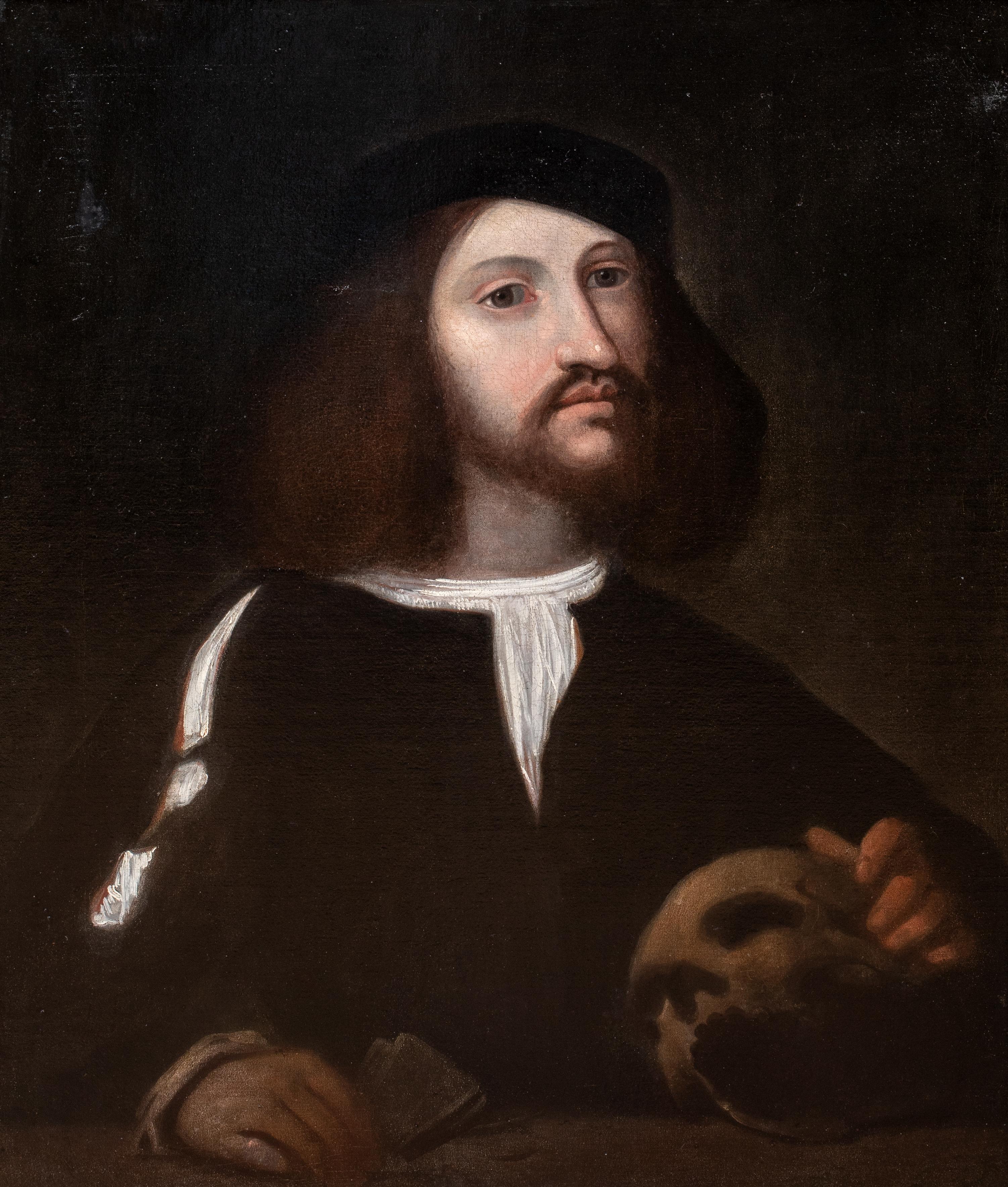 Ritratto di mercante veneziano con denaro e teschio, XVI secolo - Portrait Painting Nero di Unknown