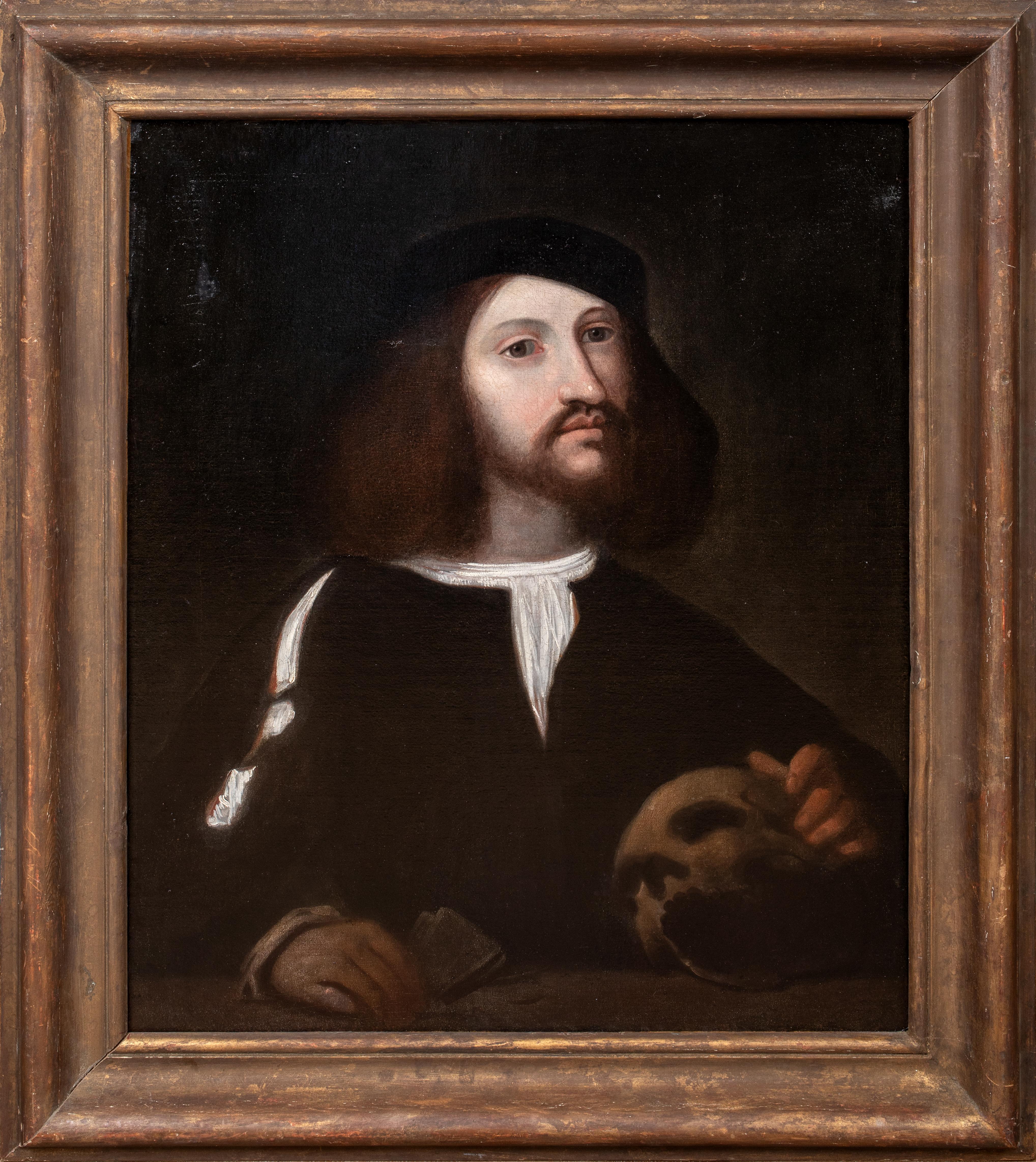 Portrait Painting di Unknown - Ritratto di mercante veneziano con denaro e teschio, XVI secolo