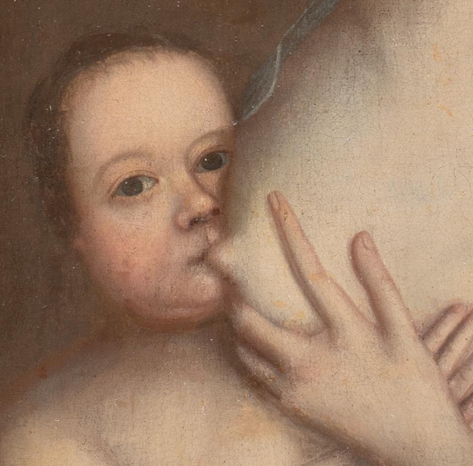 Portrait Of A Wet Nurse & Baby, 17th Century 

Rare & Unusual English School Portrait 

Large 17th Century English School portrait of a wet nurse and baby breastfeeding, oil on canvas. Good quality circa 1680 half length portrait of a wet nurse