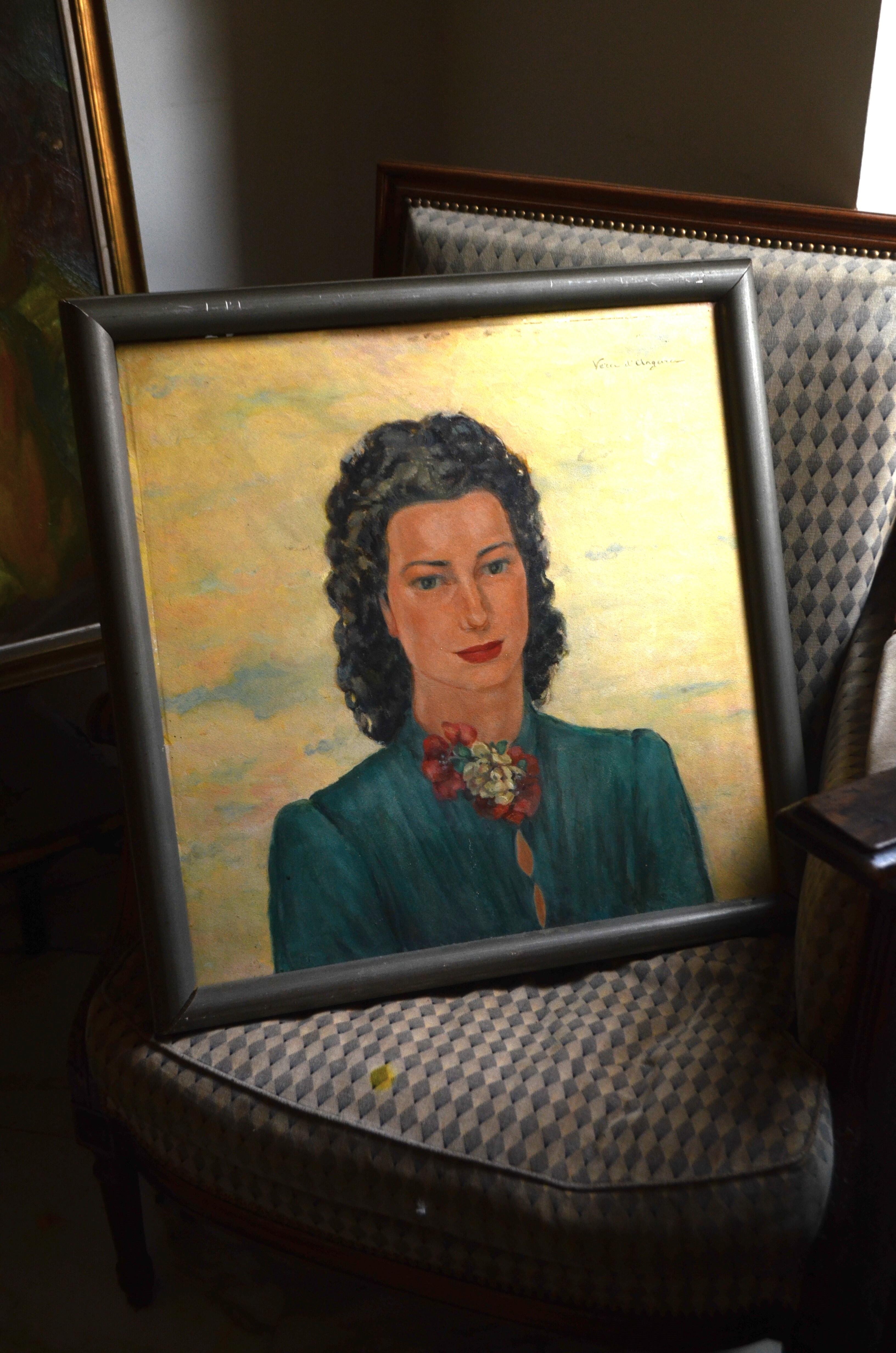 Portrait of a Woman, 1940s-50s. Signed Vera d’Angara, Italian-Russian actress For Sale 8