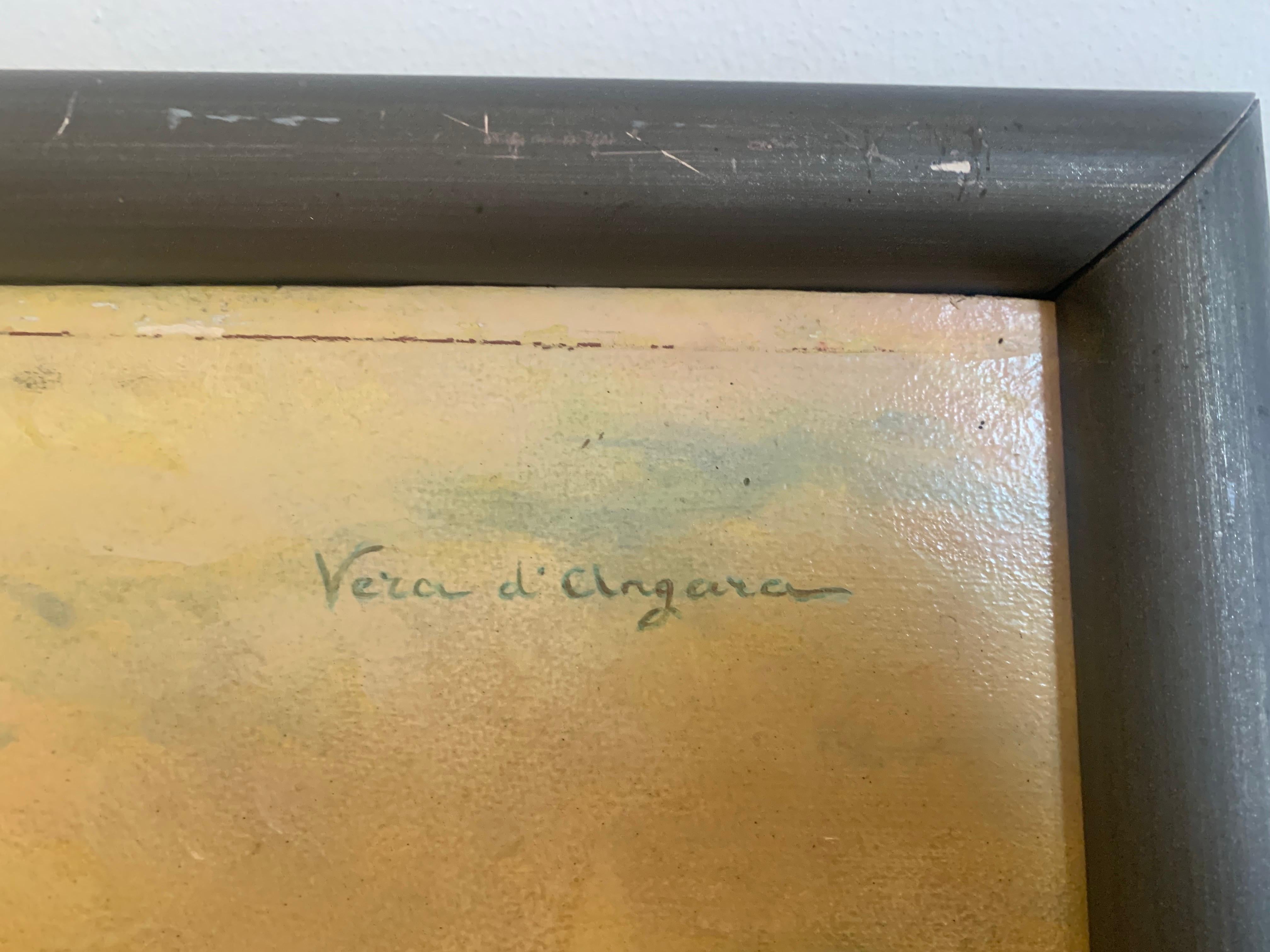 Portrait of a Woman, 1940s-50s. Signed Vera d’Angara, Italian-Russian actress
Technique: Oil on panel
Dimensions: Height 59 cm x Width 58 cm
Frame: Painted wooden frame

The portrait depicts a woman dressed in green, adorned with a floral brooch at