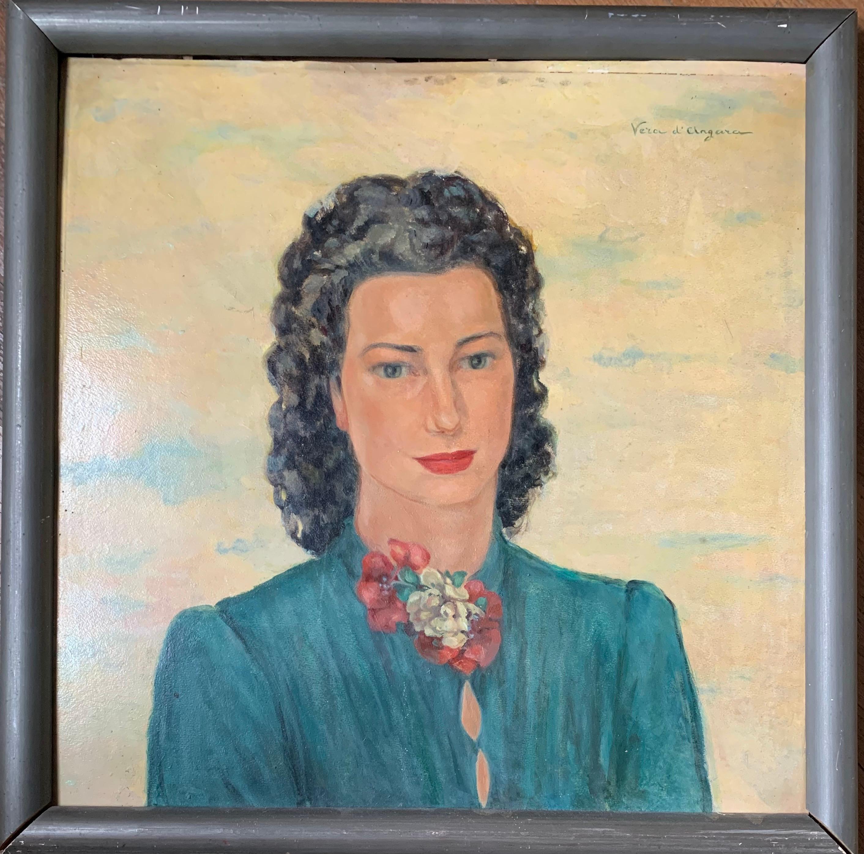 Unknown Portrait Painting - Portrait of a Woman, 1940s-50s. Signed Vera d’Angara, Italian-Russian actress