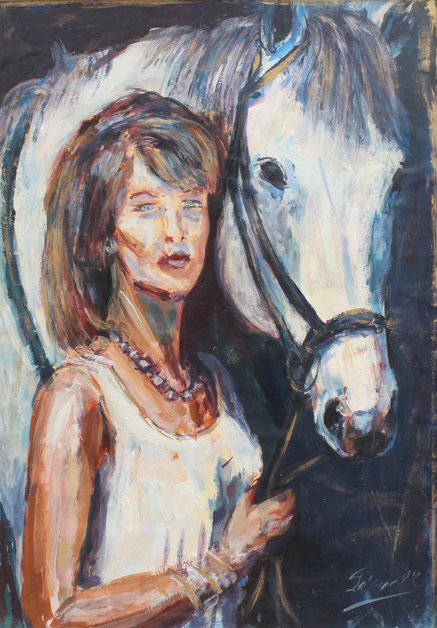 Unknown Portrait Painting – Porträt einer Frau und ihres Pferdes