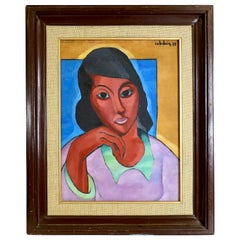 A colorful modernist portrait painting of a young woman, Latin American
