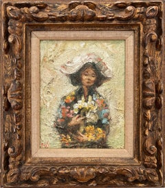 "Portrait of a Woman Holding Flowers"  20th Century Asian Oil Painting Framed