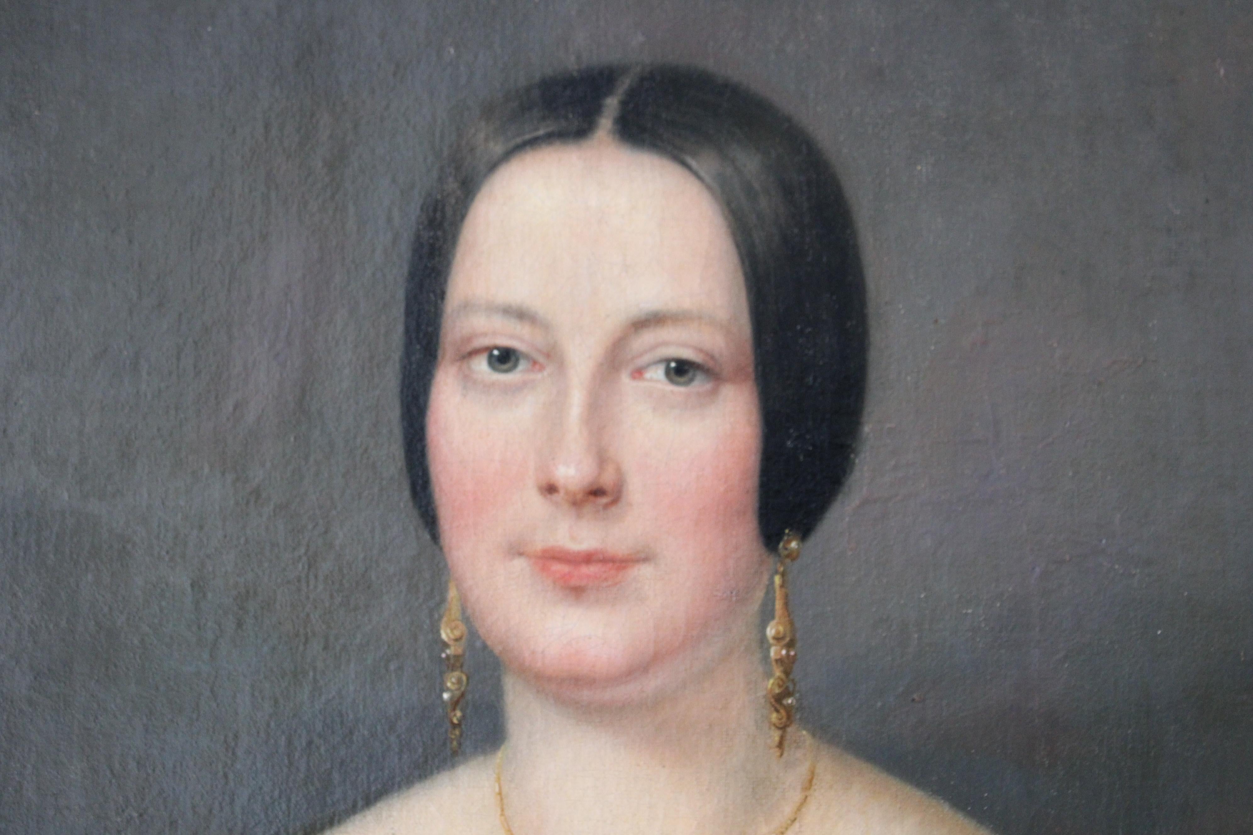 Ritratto di donna in abito nero 1848, Antique French 19th Century Portrait - Painting di Unknown