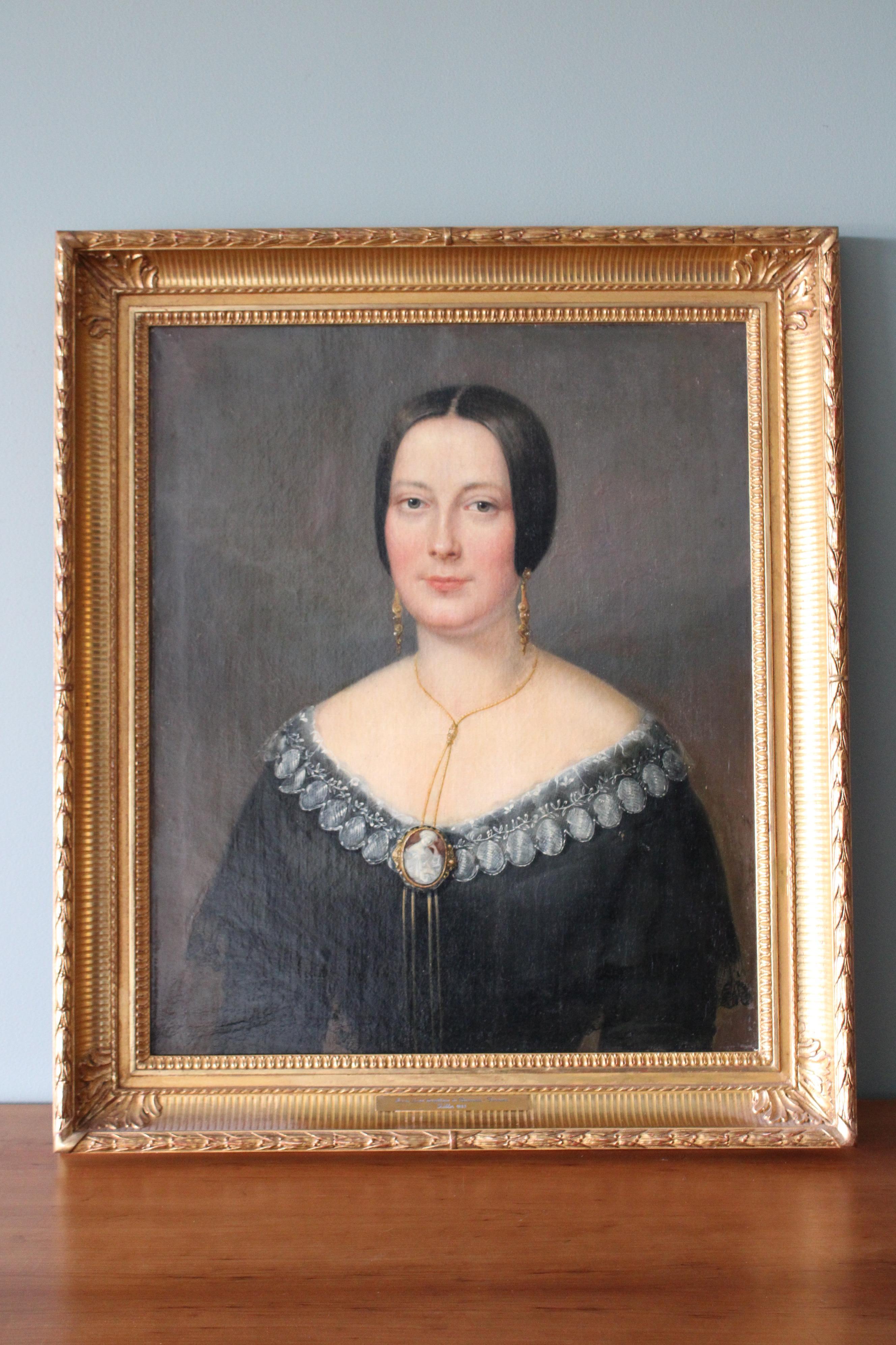 Ritratto di donna in abito nero 1848, Antique French 19th Century Portrait - Painting Scuola francese di Unknown
