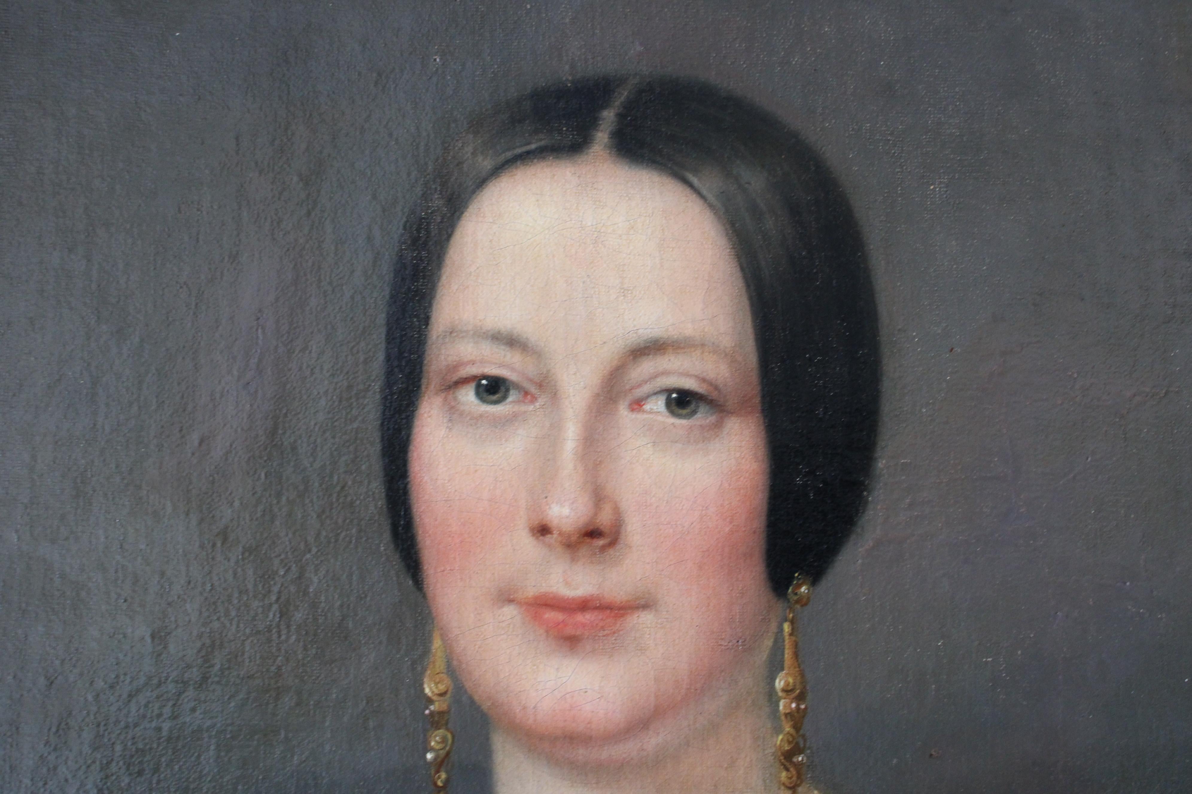 Ritratto di donna in abito nero 1848, Antique French 19th Century Portrait 1