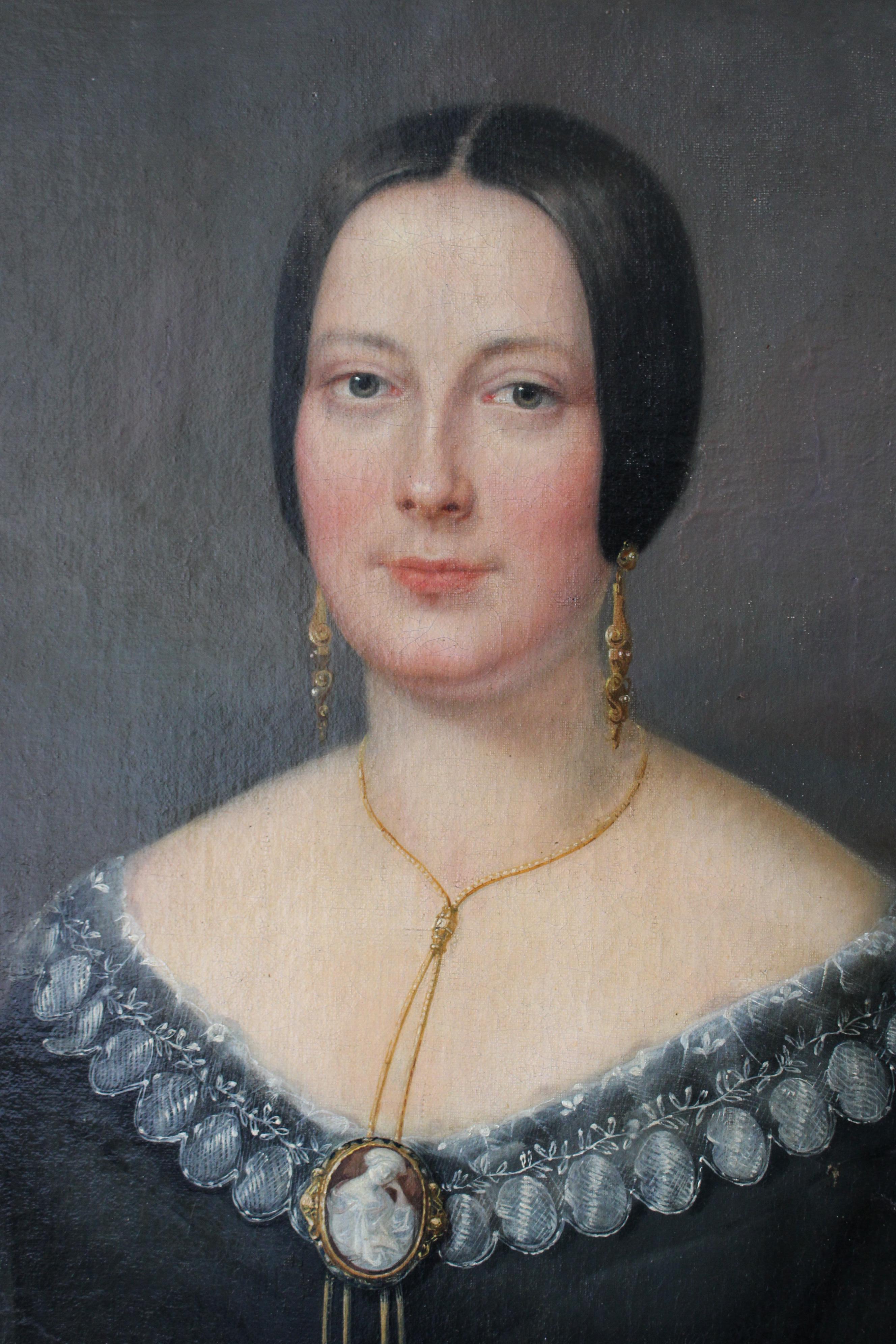 Ritratto di donna in abito nero 1848, Antique French 19th Century Portrait 5