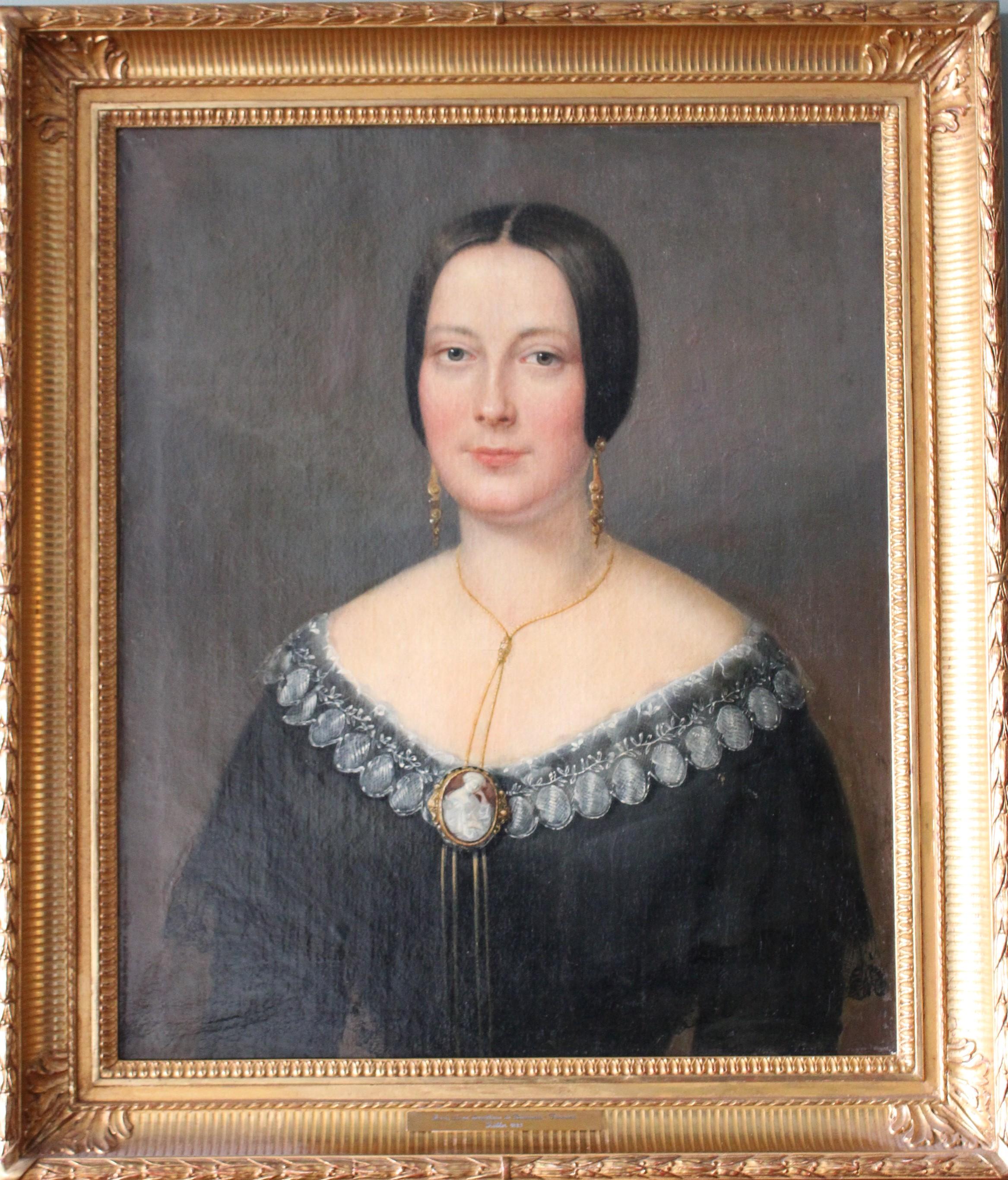 Figurative Painting di Unknown - Ritratto di donna in abito nero 1848, Antique French 19th Century Portrait