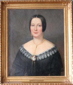 Ritratto di donna in abito nero 1848, Antique French 19th Century Portrait