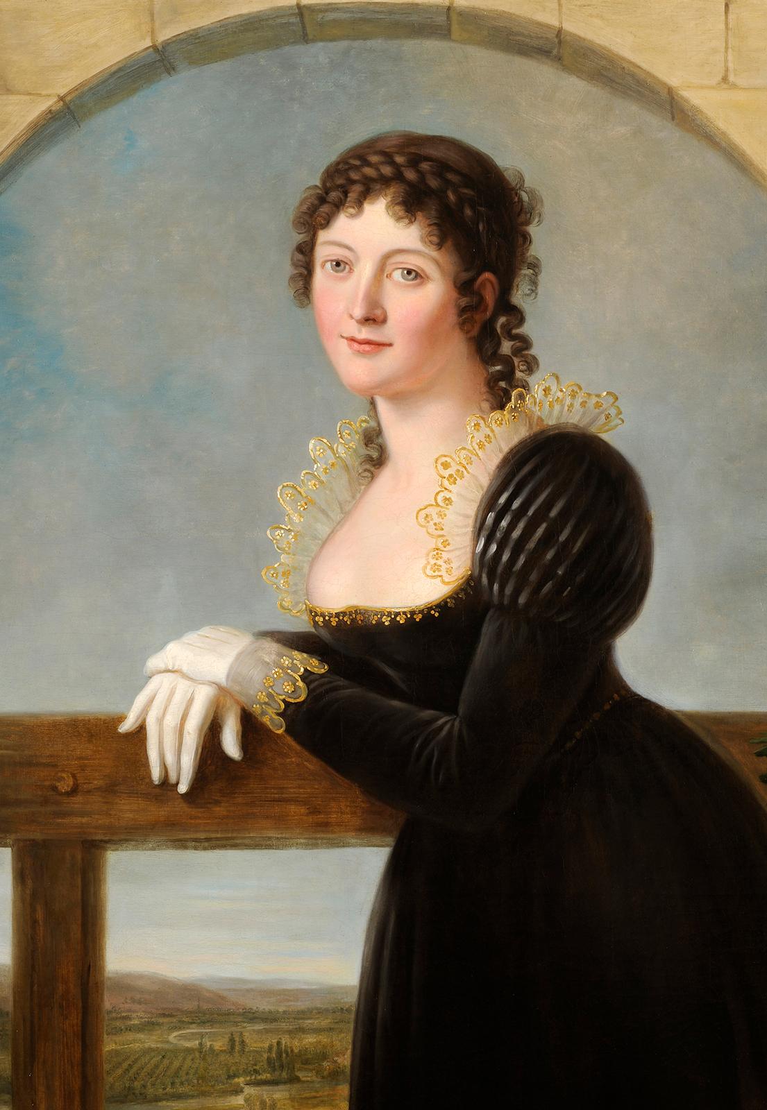 Portrait d'une femme devant un paysage en trompe l'œil - Painting de Unknown