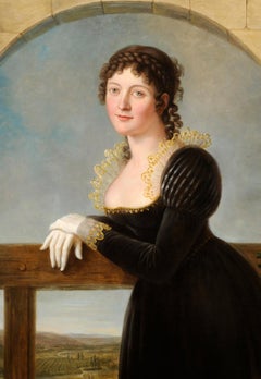 Portrait of a woman in front of a landscape in a trompe l'œil