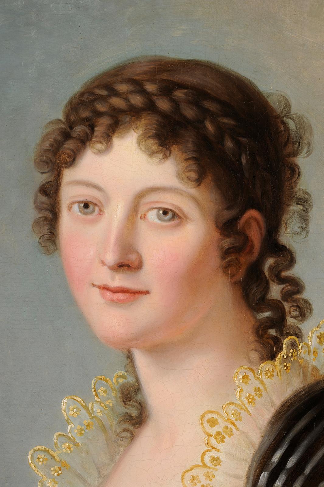 Portrait d'une femme devant un paysage en trompe l'œil - École française Painting par Unknown