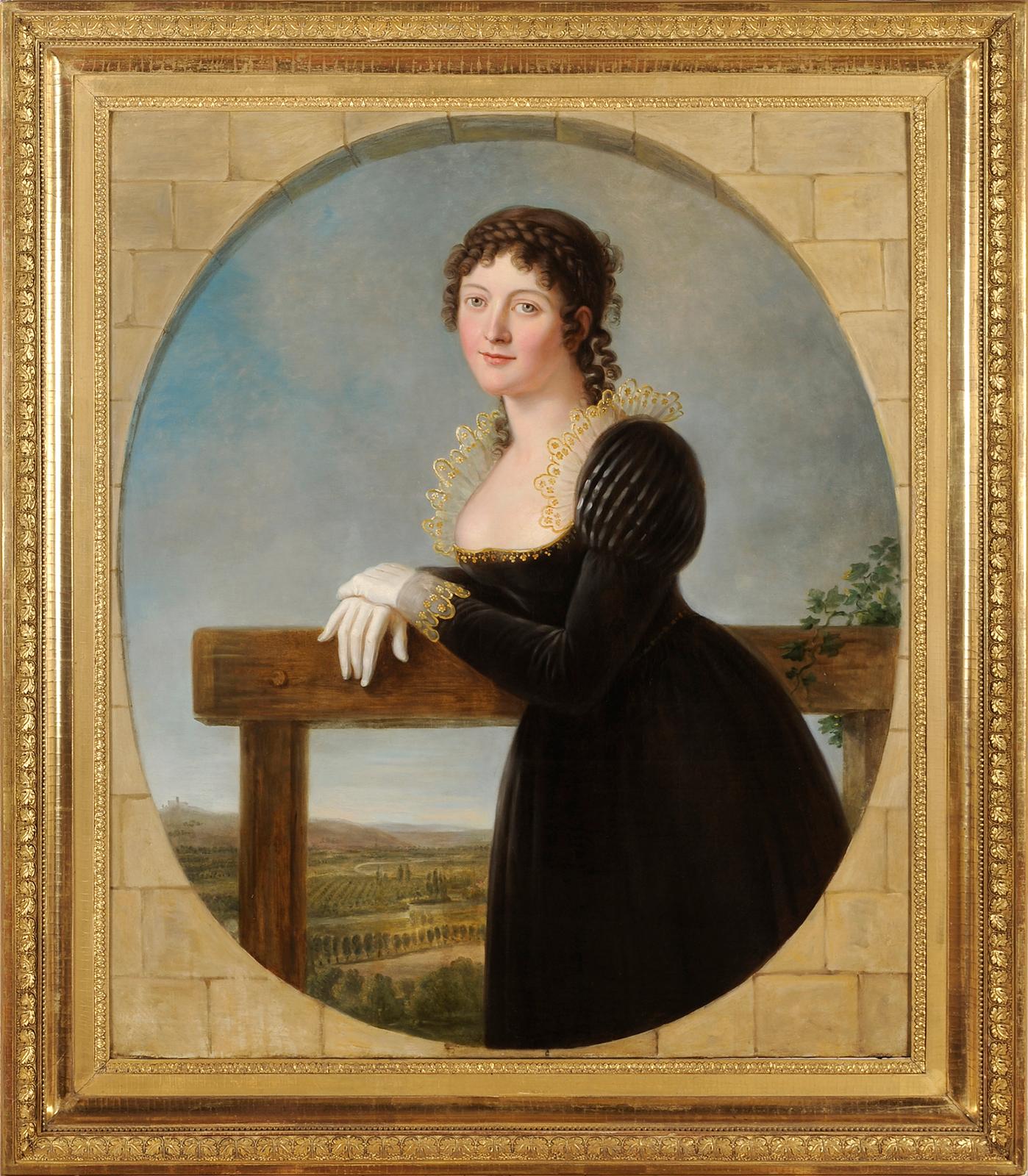 Ritratto di donna davanti a un paesaggio in trompe l'œil