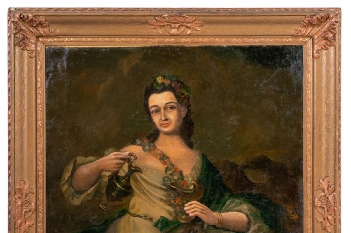 Spanish School, Portrait of a Woman, Oil on Canvas, 19th century, depicting a woman with wine cup and ewer, unsigned, giltwood frame. Image: 41