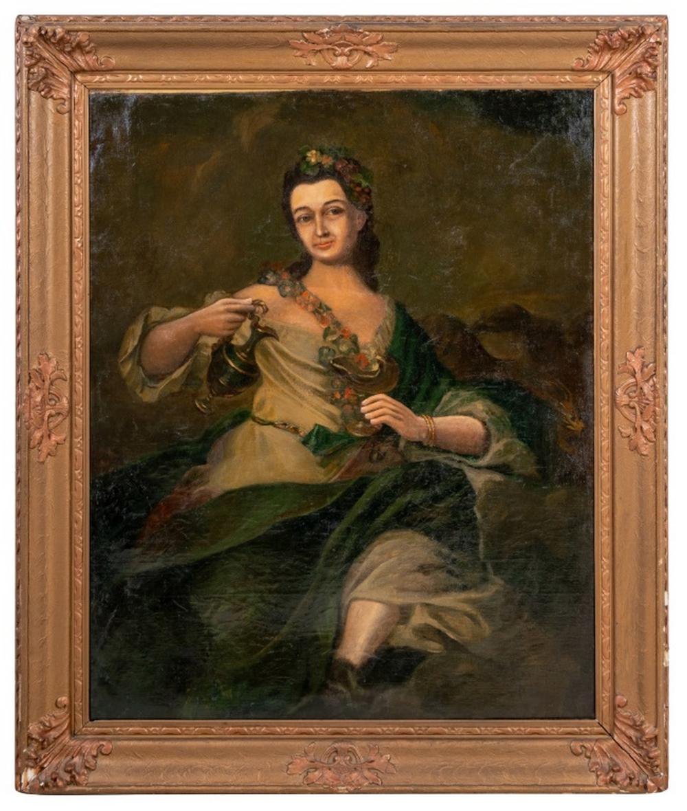 Unknown Portrait Painting - Portrait of a Woman in Green Dress, Oil on Canvas, 19th Century