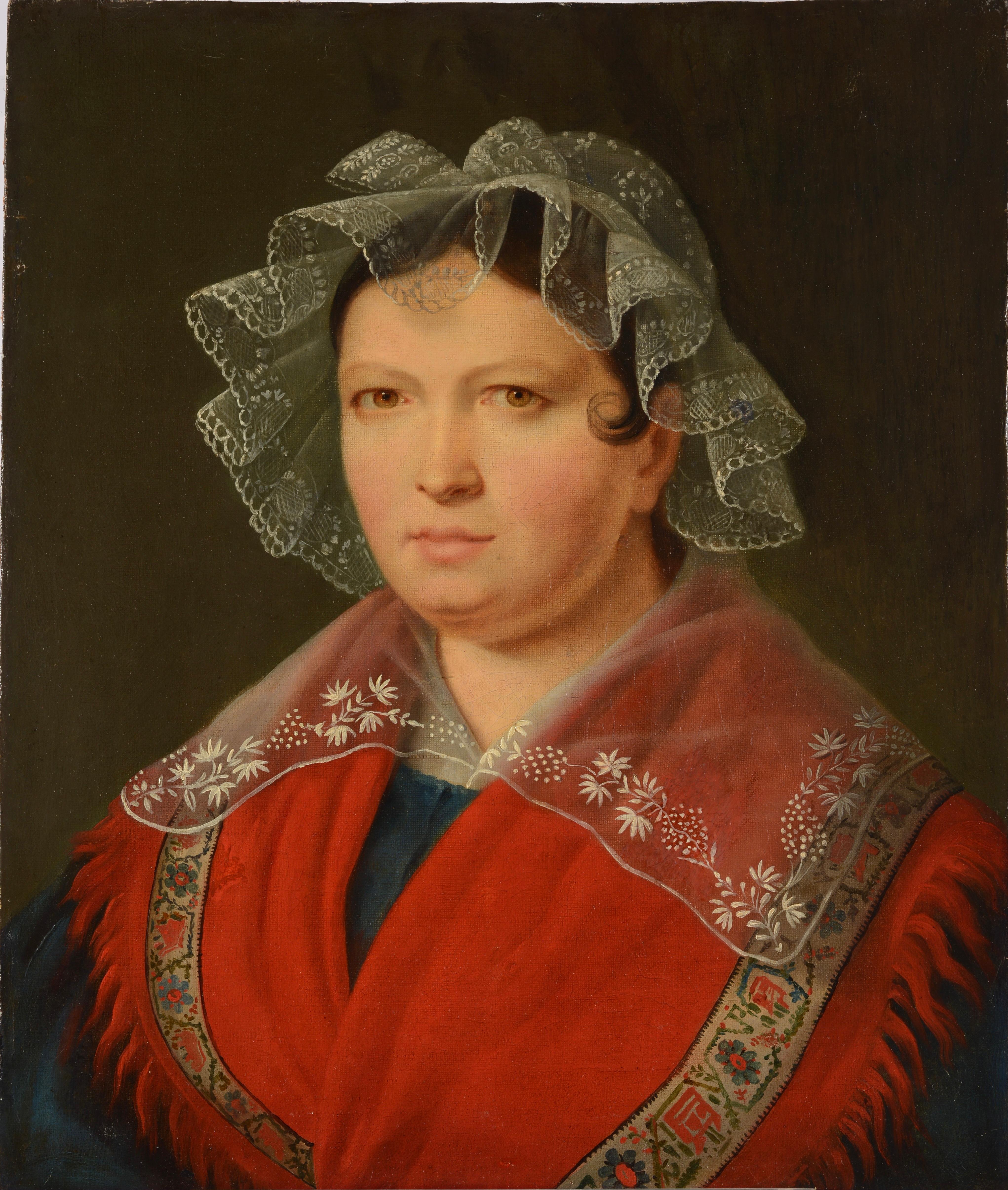 Portrait of a Woman in Traditional Dress and Lace Bonnet
