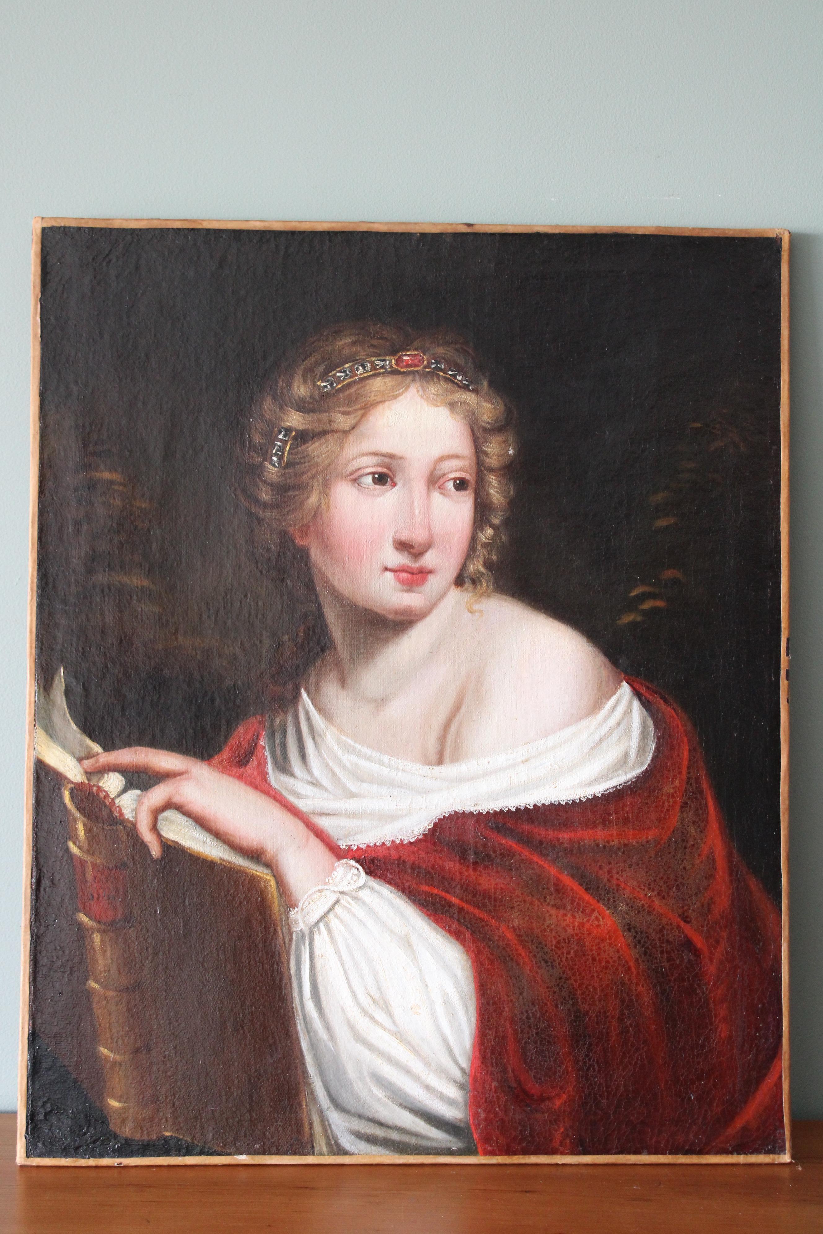 Ritratto di donna, stile Luigi XVIII, pittura ad olio Antique French del XIX secolo 7