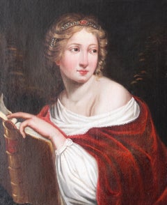 Ritratto di donna, stile Luigi XVIII, pittura ad olio Antique French del XIX secolo