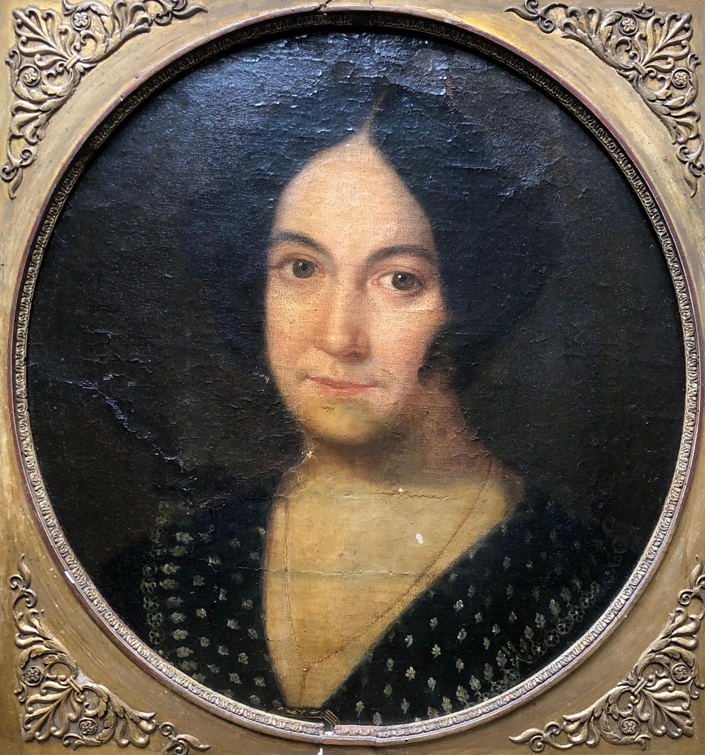 Ritratto di donna, olio su tela del XIX secolo, cornice originale - Painting di Unknown
