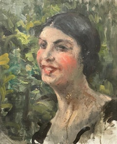 Antique Portrait Of A Woman, Oil On Cardboard, Early 20th Century