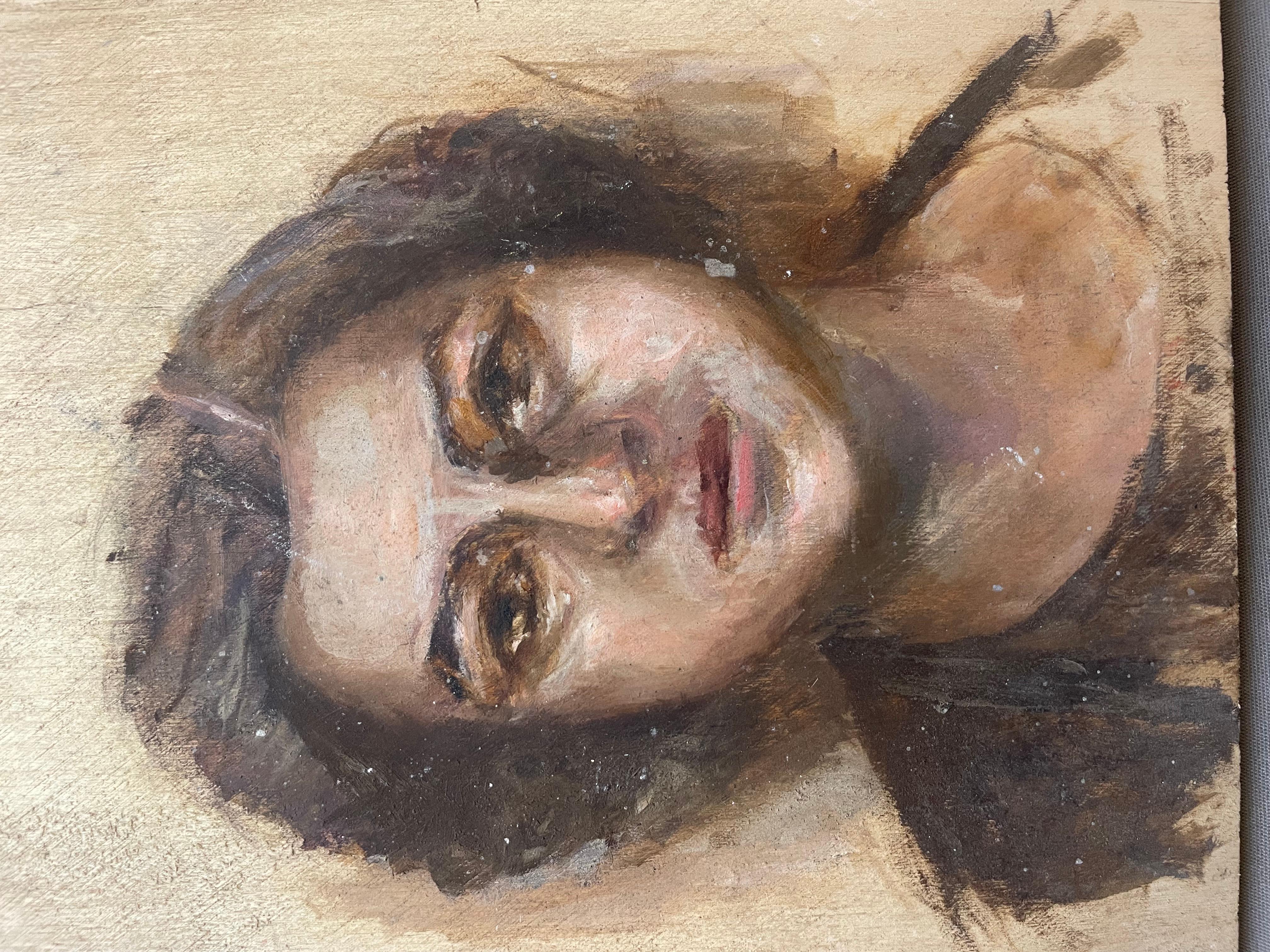Ritratto di donna, schizzo su pannello di Wood - Portrait Painting Beige di Unknown
