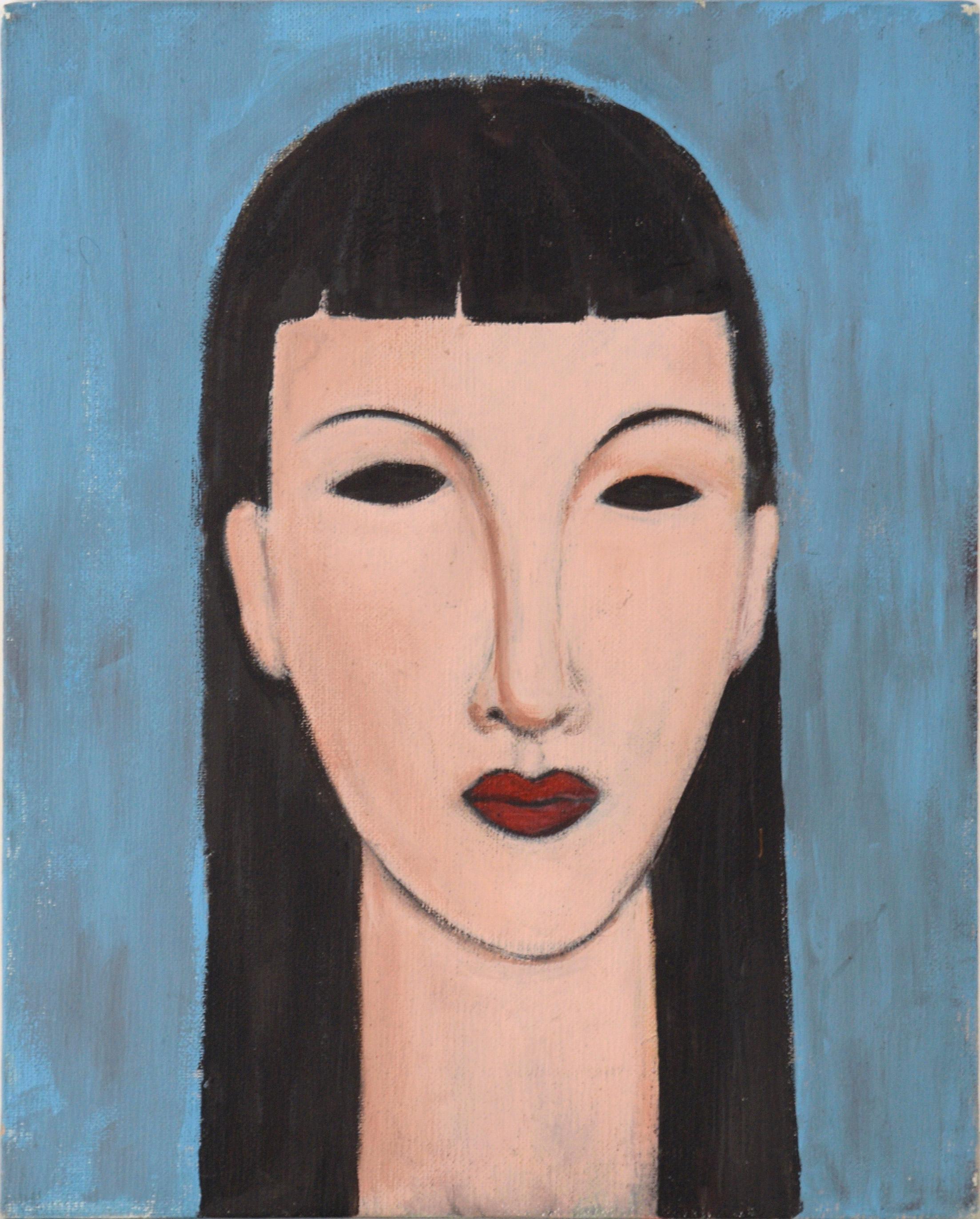 Portrait d'une femme aux cheveux bruns sur fond bleu en acrylique