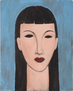Portrait of a Woman with Brown Hair on a Blue Background in Acrylic