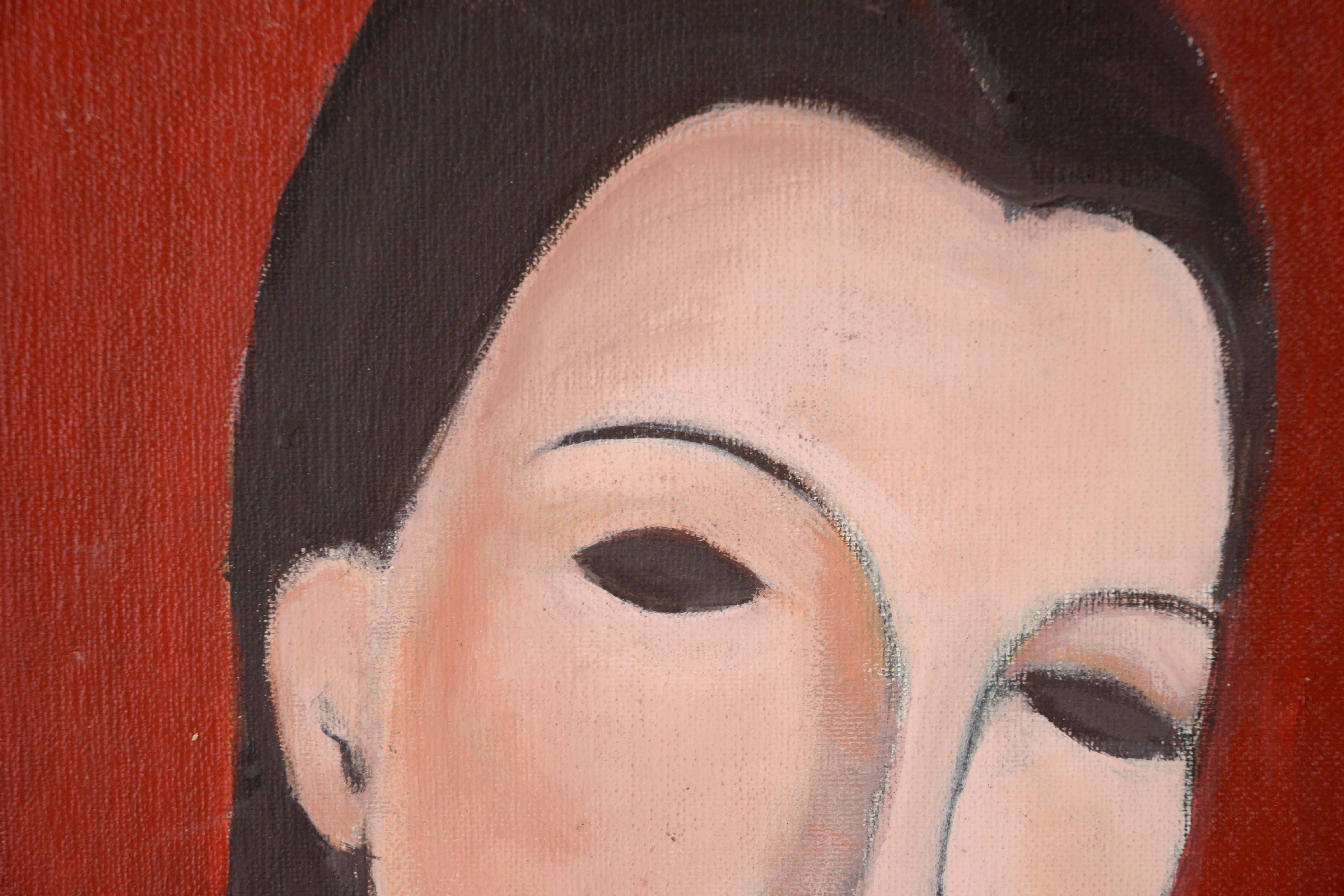 Retrato de mujer al estilo de Modigliani en acrílico (fondo rojo) - Painting de Unknown