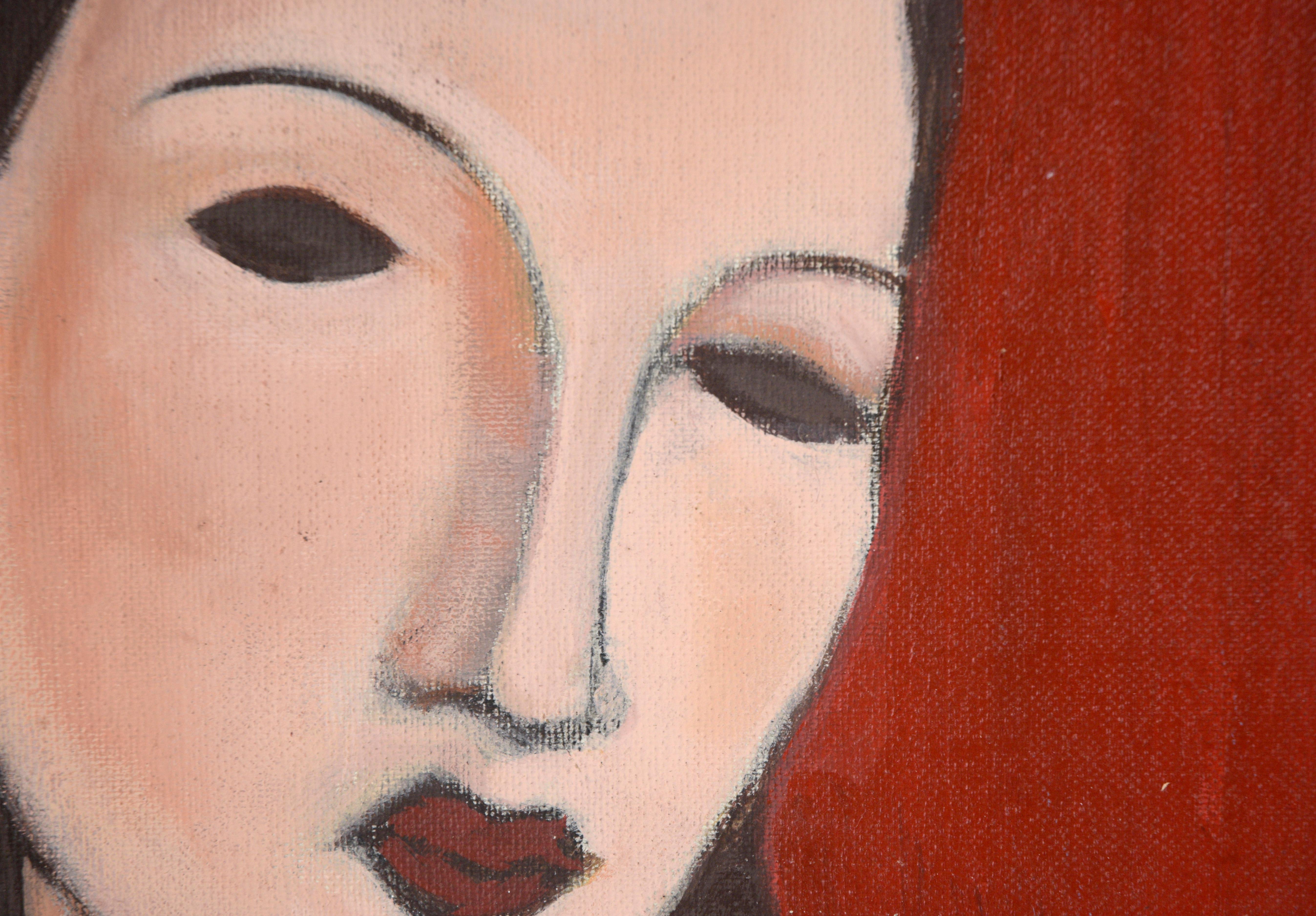 Portrait of a Woman with Brown Hair on a Red Background in Acrylic - Modern Painting by Unknown